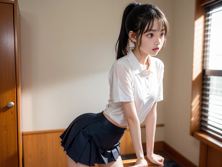 hight resolution、high-level image quality、8K、Raw photography、top-quality、masterpiece、masutepiece、Erotic、Pupils、Fancy Sexy Bra,de pele branca,kne,(Flesh-colored pantyhose)、Detailed panty patterns、panties focus、Fancy sexy panties、low angle shot from below、absurderes,a small face、huge-breasted、Parting the bangs from the middle、Forehead visible,(a cold expression<Tight eyes,glares,Bullish,Thin anger)、masterpiece,top-quality、A high resolution,Raw photo,ren,One Person,Dark look,Small breasts,full body、Very nice、JK school uniform,hi-school girl,A Japanese Lady,is standing,(Photorealsitic:1.37)、Photon mapping,Pink ribbon,Realistic、Cute little face,Brown-eyed、Black socks、18year old、(Red bow tie)、Physically Based Rendering、Foreground、depth of fields、Blurry background、a picture、Body,beauty legs, Long legs, Thin leg,Long bob cut,(Bangs are visible), hair, s lips, Blue_The eye, nosesoft,(Light blue shirt), (Navy pleated skirt), Knees are visible,Sheer clothing,, Thigh, Black cotton socks、Sparkling eyes、shiny lip、A well-formed, beautiful face, (naked:1.4), (no panties), (no bra)