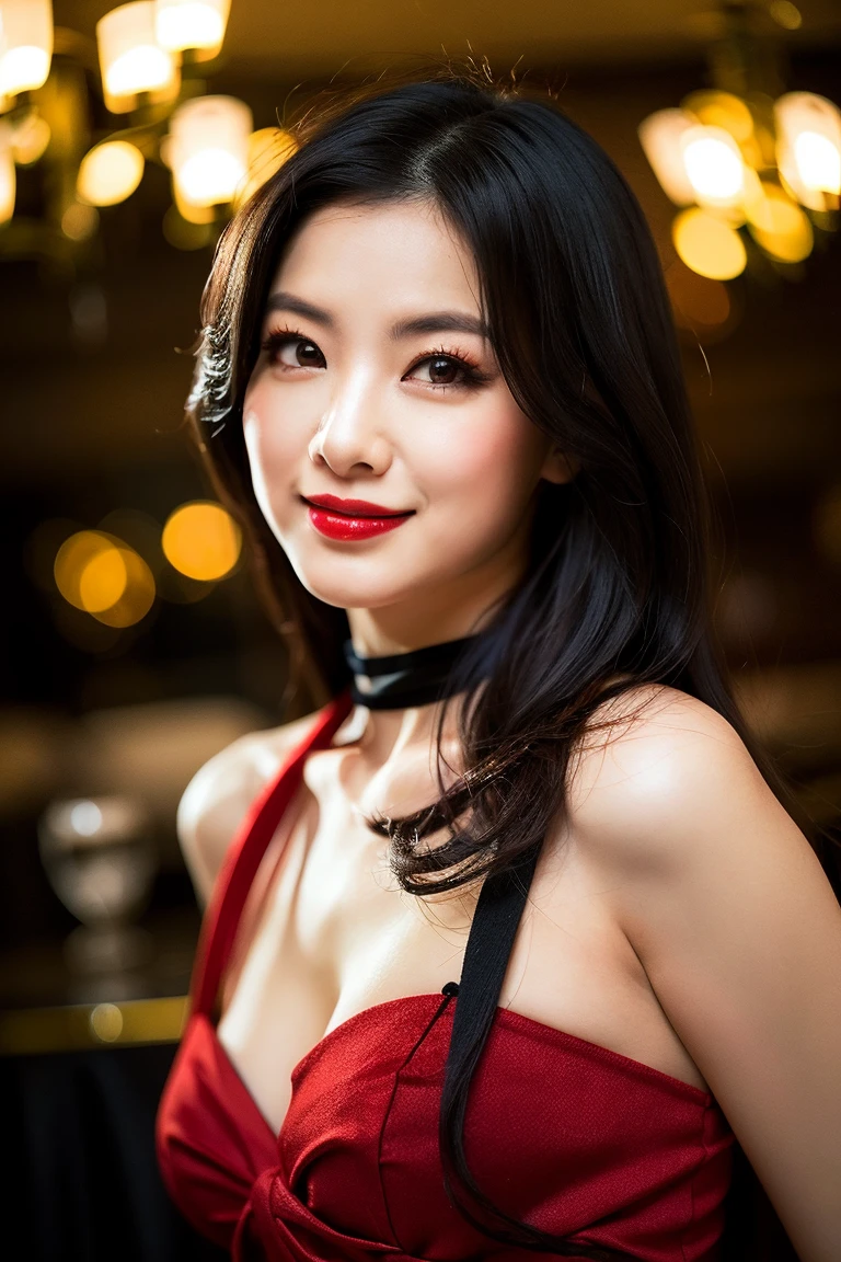 bokeh, portrait, 1 korean girl, big breasts, strikingly beautiful, delicate facial features, black hair, red lips, erotic pose, expressive eyes, kind smile, (casino croupier),((playboys bunny bodysuit)),tie, inside a casino, casino, Vesper Lynd de Casino Royale, online casino logo, screenshot of a stunning screen, cowboy shot,