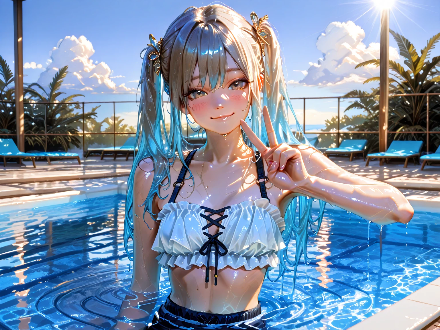 alice \(NOD\), (White Bikini:1.5), animal ear headphones, twintails, BREAK, (masterpiece, Highest quality:1.3), (Super detailed:1.4),(Super detailed顔:1.2),(Super detailed目:1.2), (hyperRealistic:1.3), (RAW Photos:1.2), High-definition RAW color photos, Professional photos, (PhotoRealistic:1.4), (Realistic:1.4),8k,Professional Lighting, Perfect Anatomy, BREAK, (Big Breasts:1.4), (blush:1.2), (Bright smile:1.3), detail, Sharp focus, dramatic, dutch angle, (on all fours:1.3), Poolside, 1 person,(Wet:1.2)