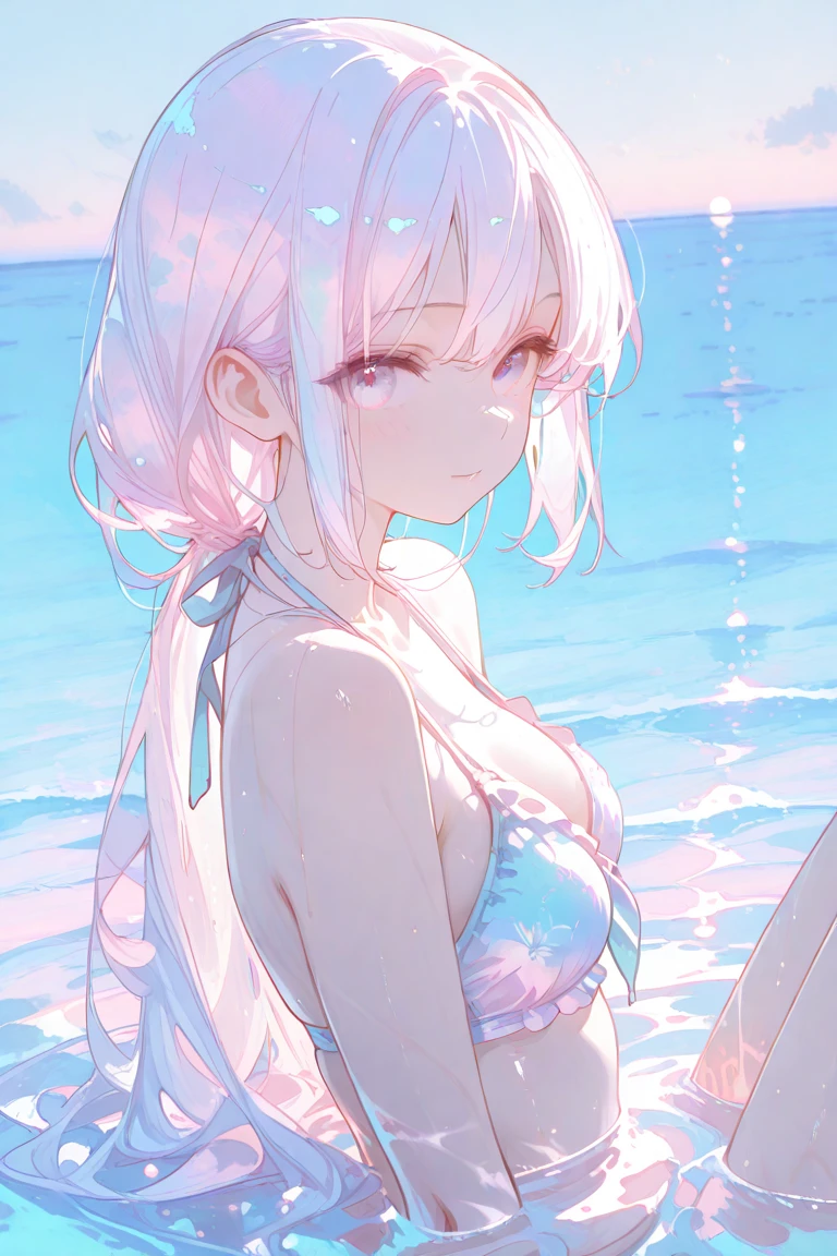 (seaside photo:1.1, in blue marine:1.5), Masterpiece, best quality, (very detailed CG unity 8k wallpaper), (best quality), High definition RAW color art, Animation,sculptures, (pink Marble Skin), (((Ultra detailed elegant))), Magical atmosphere, Detailed skin, Texture,(Intricately detailed, Fine detail, ultra-detail art), depth of fields, bokeh, Silky Touch, Hyper Detail, beautiful eyes, Elegant Face, (lying on pastel pink waterfront), sparkle background, enormous breast:1.3, (silver hair), pastel purple,, muscle, embarrassing red face, wide open udder, shorthair, Round Glasse:1.4, bikini