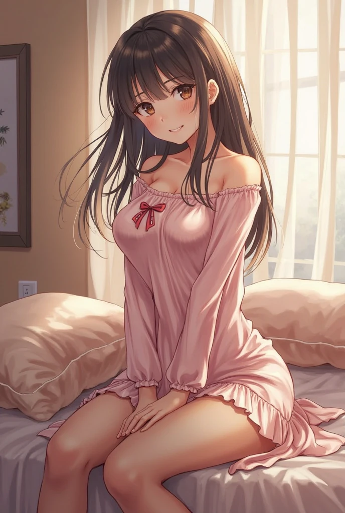 sksbrooke person, sksbrooke, (masterpiece:1.2), (best quality:1.2), perfect eyes, perfect face, 1girl, solo, brown eyes, (medium breasts), perky breasts, red pj, sitting on bed