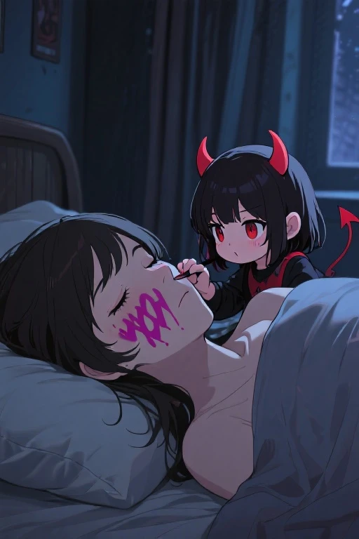 score_9, score_8_up, score_7_up, score_6_up, score_5_up, score_4_up, (source_anime), 1girl, 1futa, size difference, big breasts, woman, a little ??? girl, breast milk, Full body , bedroom, Night, succubu, Lights out, Dark room, no lighting, futa on female, futanari, sex