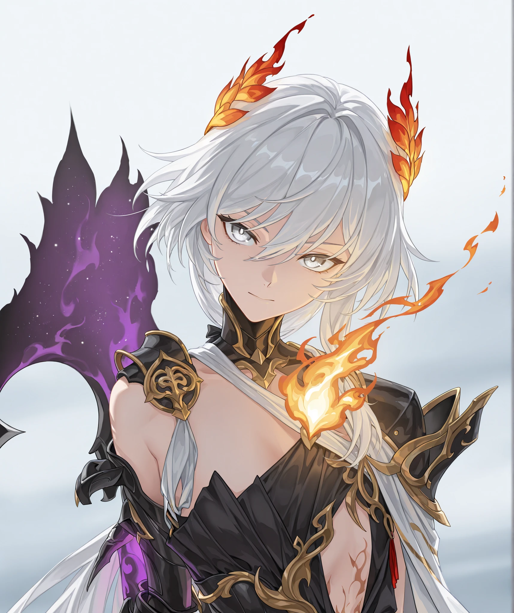 (upper body focus, portrait, close up shot:1.22), dynamic pose, three quarter shot, looking at viewer, mature, 1girl, solo, mature, masterpiece, best quality, amazing quality, very aesthetic, high resolution, ultra-detailed, dramatic lighting, absurdres, arrogant expression, head tilt up, jawline, scenery, golden aura, golden flames, white flames, (Senti, Herrscher of Sentience, FuHua, Fol005, Fh_Hos:0.73), flat chest, white hair, white eyes, gray eyes, silver eyes, carapace, shoulder cape, centurion, exposed stomach, asymmetrical clothes, exposed shoulder, dark red and black fantasy armor, black dress with golden trim, gold accents, (synthetic armour, nanoweave:1.14), (greco roman dress, greek dress:1.4), wielding greatsword, bloody red scimitar, warrioress, priestess, laurel crown, glowing cape, cosmic weapon, asymmetrical clothes, SSR Gacha character, villainous, ornate clothes, (flame sword summons, cosmic sword:1.6), astral sword, deep blue purple pink and gold sword,