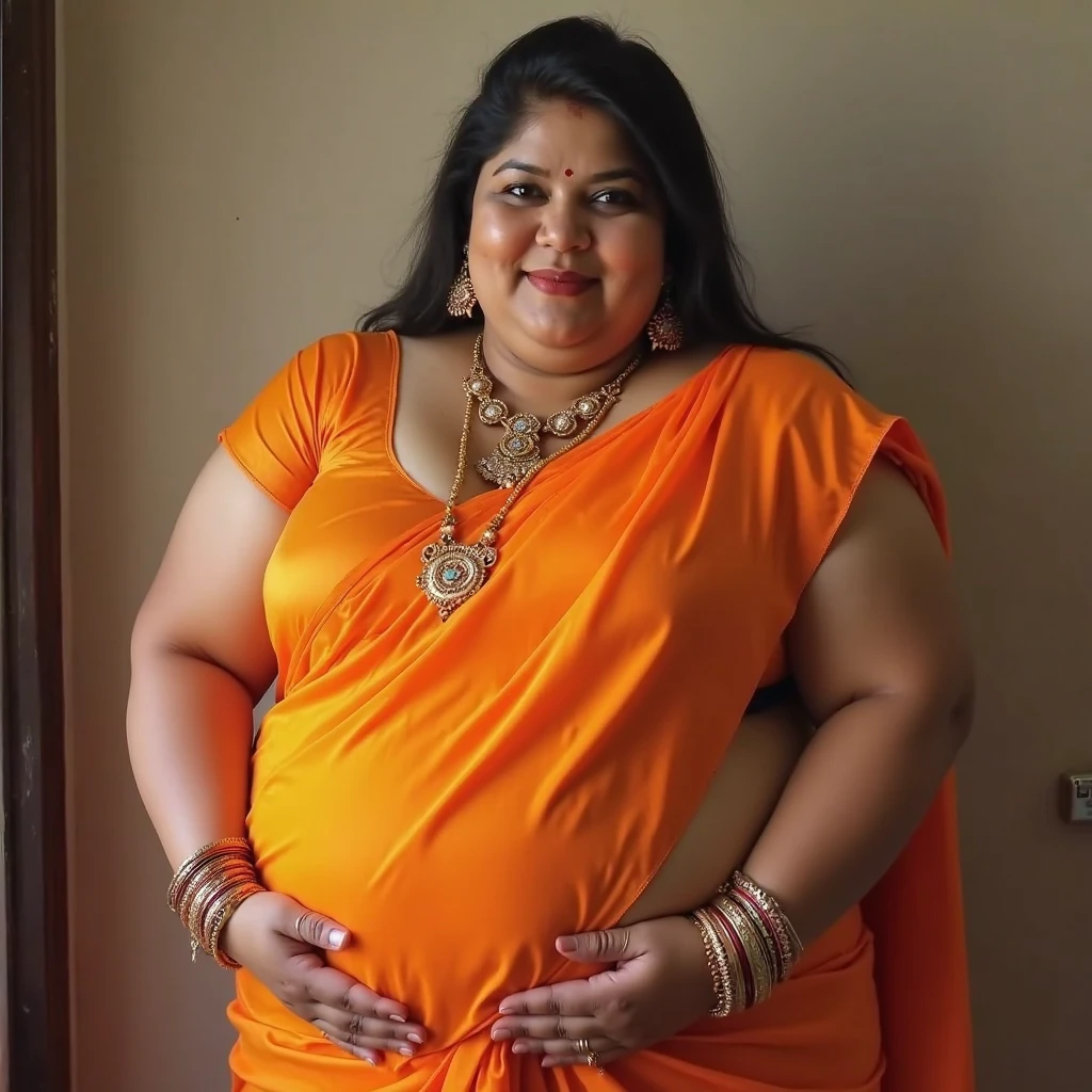 Extremely Hyperpregnant Sri Lankan woman with huge belly wearing a dress