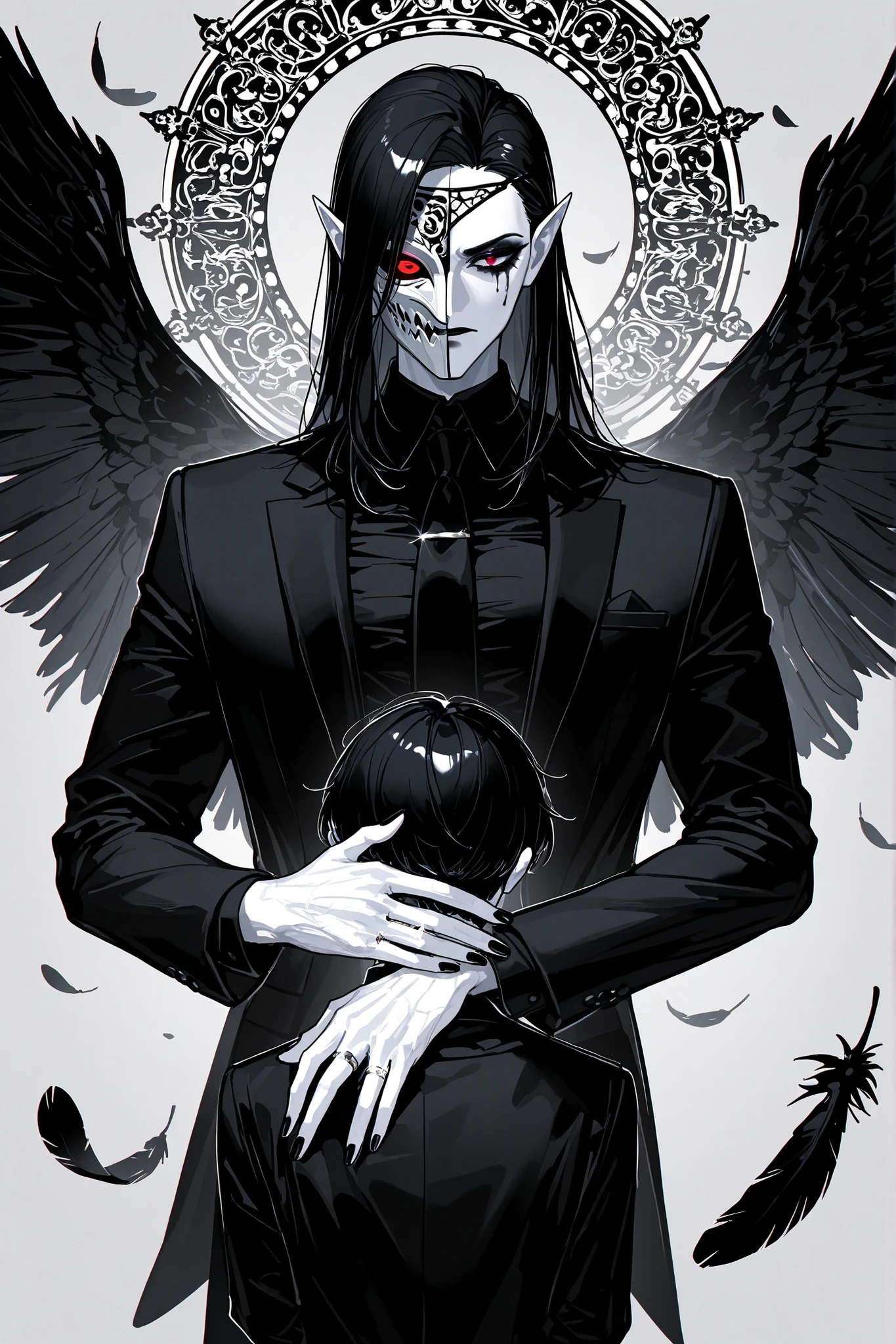 white mask,xxx667_illu,(boy character/MIDDLE AGE MAN/male bodybuilding) The crow beastman (MALE CHARACTER WITH MALE BODY TYPE). The tall mighty man broad-shouldered with masculine features. He has white skin. He has dark makeup on his face in the form of a stripe in the eye area. He has short slicken back jet-black hair,his shortcut hair was combed back. Eerily red eyes. pointed ears with black feathers. He has huge black crow wings behind his back. He has black nails with one silver wedding ring on his arm. He is dressed in male three-piece black suit: jacket , vaist, black shirt, and men's tie decorated obsidian black crow feathers. He wears a Carnival of Venice black raven half-mask on his face. He has a stern/angry expression full of hatred. On the background: Ball hall in art Deco style, Masquerade ball.