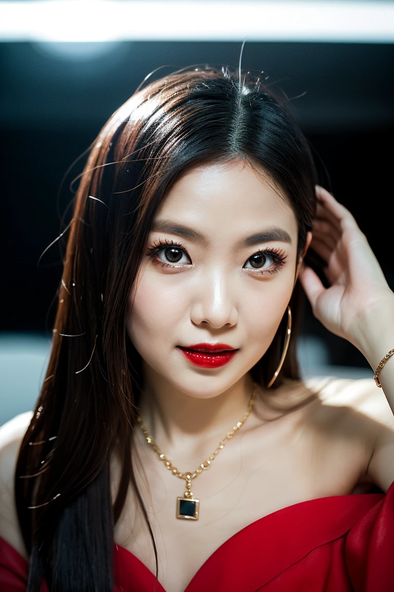 a woman,1 girl,black hair, hair bobbles, longeyelashes, solid circle eyes, light smile, mole under eye, piercing, light smile, shy, puckered lips, Surrealism, drop shadow, stereogram, pov, atmospheric perspective, depth of field, first-person view, f/1.8, 8k, super detail, ccurate, best quality, highres, best quality,full body,professional lighting,moonlight,evening,beach,necklace,race queen
