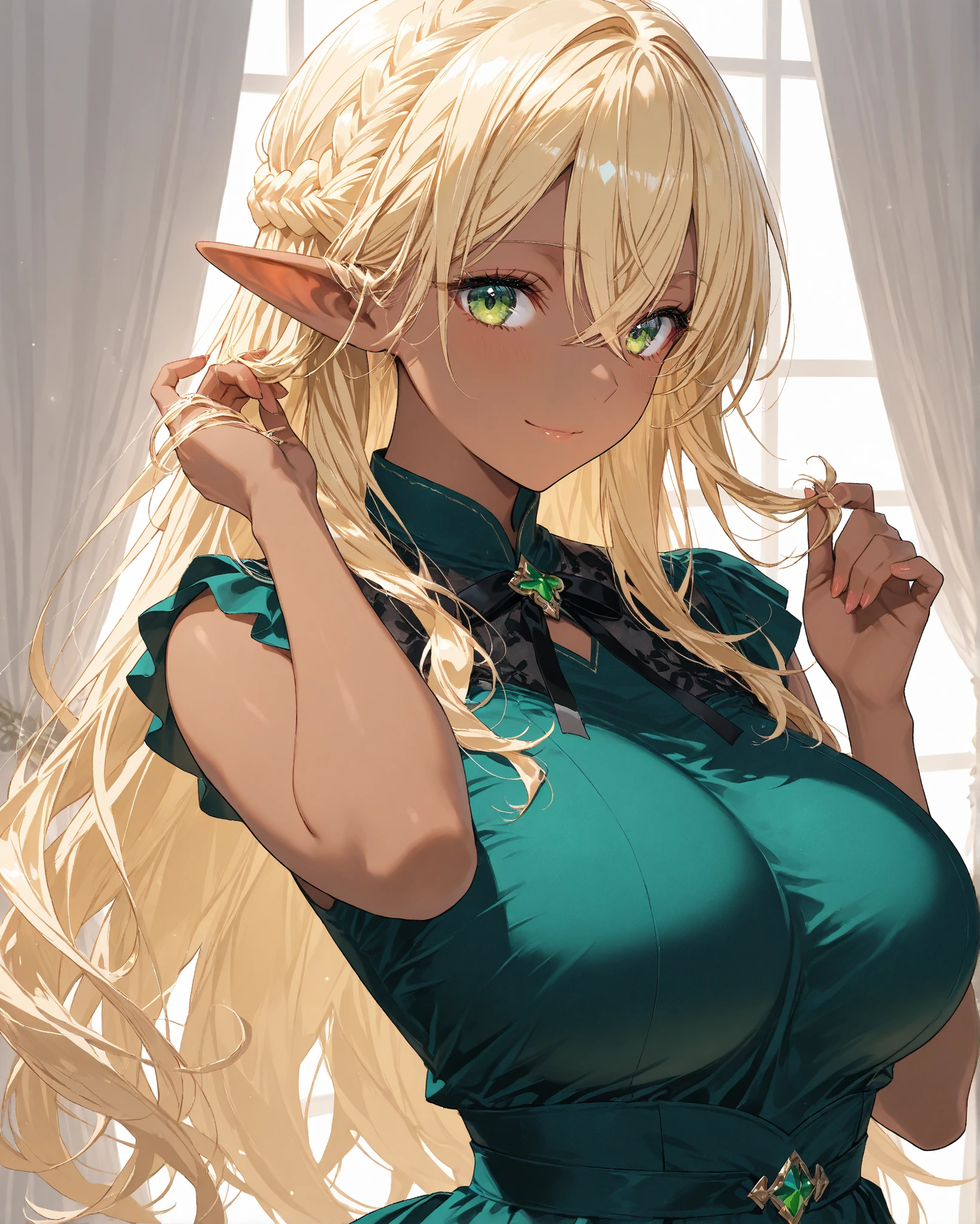 Highest quality, masterpiece, Ultra-high resolution, female、Big Breasts、End of the World、Zombie Girl、princess、Lightweight gothic dress、Glossy green skin、A dumb look、Beauty、Blonde、Tight waist
