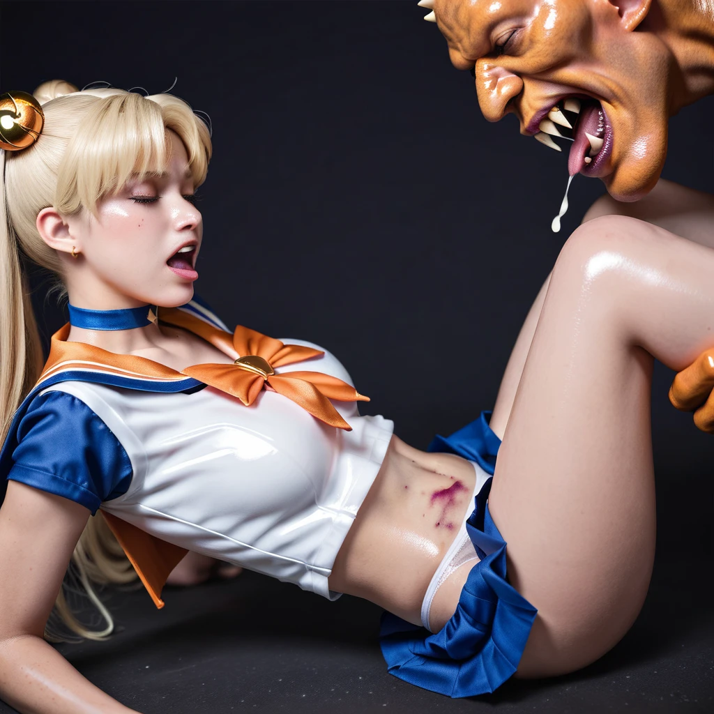 (8k, RAW photo, best quality, masterpiece:1.2), (ultra highres:1.0), detailed illustration, detailed, (realistic, photo-realistic:1.37), detailed beautiful skin, sailor moon, (1 girl: 1.2),(full body:1.2),(hand of Guido Daniele:1.2), slim body, cute, happy, long hair, long leg, cleavage,blue skirt,red bow,blue eyes,blond hair,twin tails,hair bun,hair ornament,blue sailor collar, red choker, red boots, high heels, sailor senshi uniform, white gloves,tiara,elbow gloves,pleated skirt,knee boots blue sky, beautiful sky, (scenery), lake, falling petals, falling leaves, cowboy shot, (spread legs:1.5), open uniform, no bra, small breasts, (bare breasts:1.1), (lying on the pier:1.2), (after sex:1.2), (torn clothes:1.5), (ahegao :1.2), (pained expression:1.1), (about to sneeze:1.1), (furrowed eyebrows:0.8)