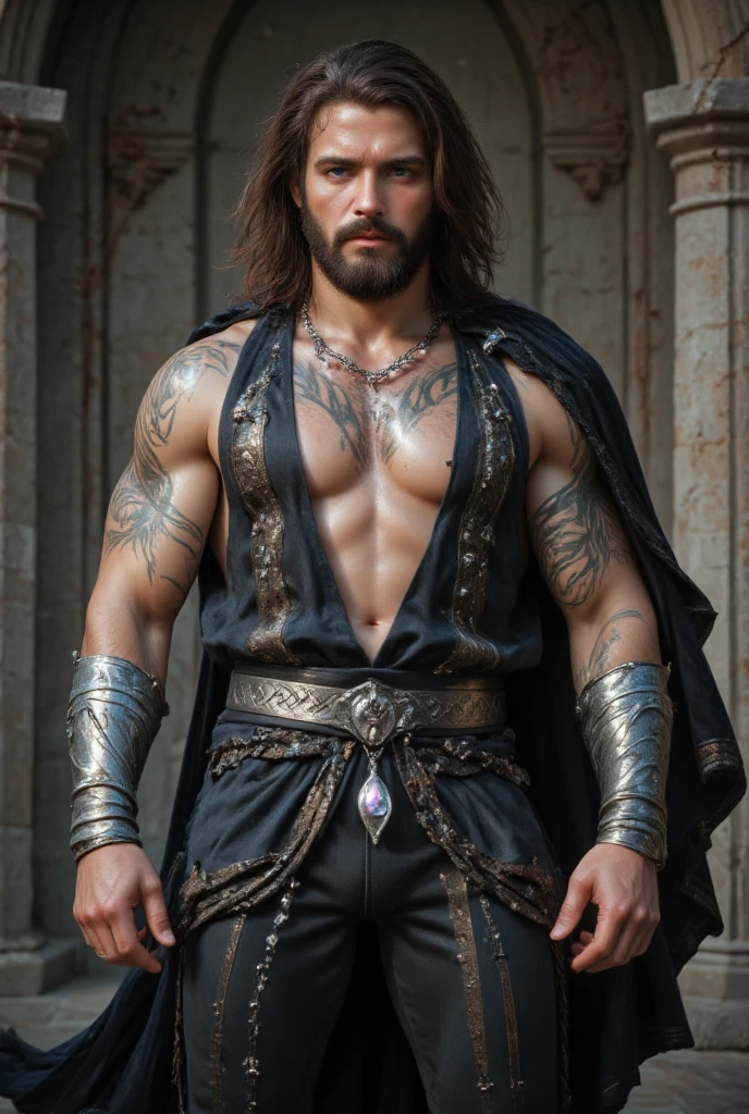 realistic, masterpiece, intricate details, detailed background, depth of field, photo of a handsome (Turkish man), w4x4rmor, wearing wax barbarian armor, (dynamic pose), fighting stance, fantasy background, cinematic composition, holding weapon, covered in , harness, pectorals, abs, thighs(Best quality, 8k, Masterpiece).,Smiling face, good mood.highest detail, superior quality, natural lighting, beautiful, sexy, correct anatomy, good composition,realistic shapes, realistic skin tones,Natural eyes,realistic eyes,looking up at viewer,vpl,realistic muscles,Realistic wrinkles on the skin,Realistic arms and legs,Realistic face,realistic hair,Make a sexy and seductive face, man focus,amazing composition, front view, HDR, volumetric lighting, ultra quality, elegant,Post a erotic photoshoot,Realistic pose,detailed hair,full body,Fujifilm XT3 photorealistic art by midjourney