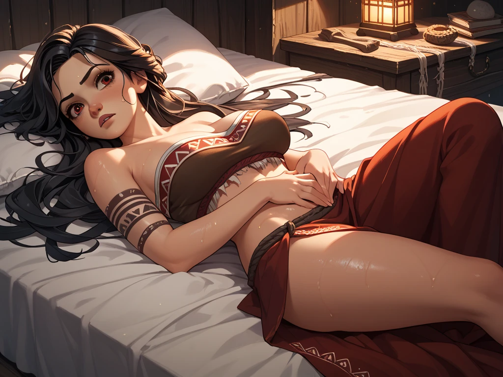 Young beautiful medieval human gypsy girl. With green eyes and long brown hair. Naked in bed.
