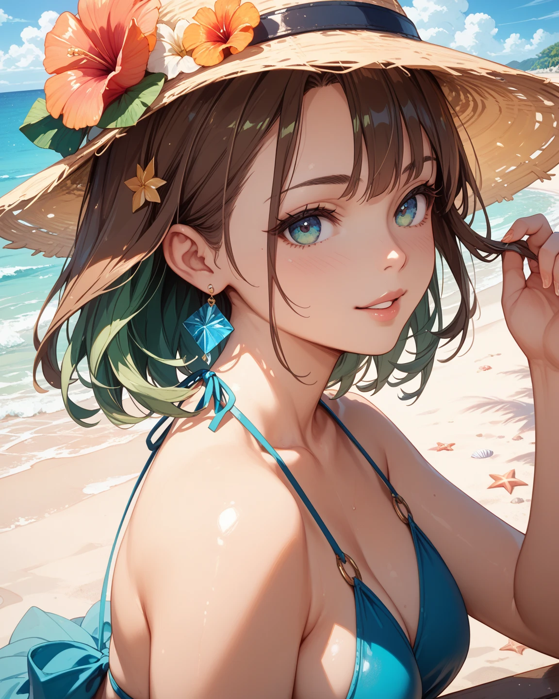 Extremely beautiful woman wearing a floral summer dress and a straw hat at the beach, perfect face, perfect eyes, perfect light, glamorous, gorgeous, delicate, romantic, Harrison Fisher