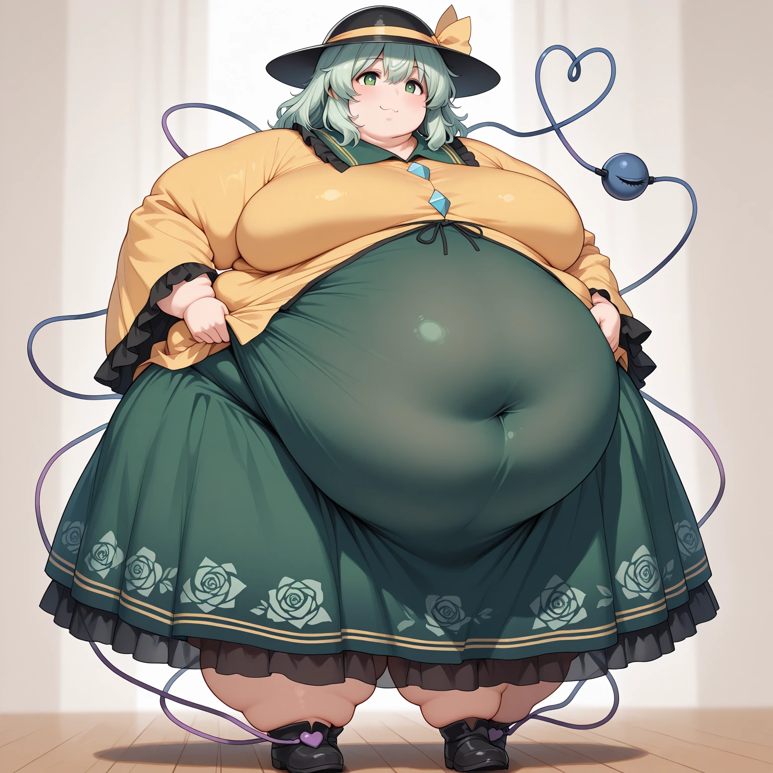 (((baby cute little))), (((white shirt, sweater vest, black vest, short skirt))), ((green hair)), ((chubby)), (((obese))), ((fat face)), (((big belly))), (((open mouth))), fat wide thighs, belly, (((tender pose ))), (((in a room))), detailed background, ((full body image)), (((both hands on breasts))),
