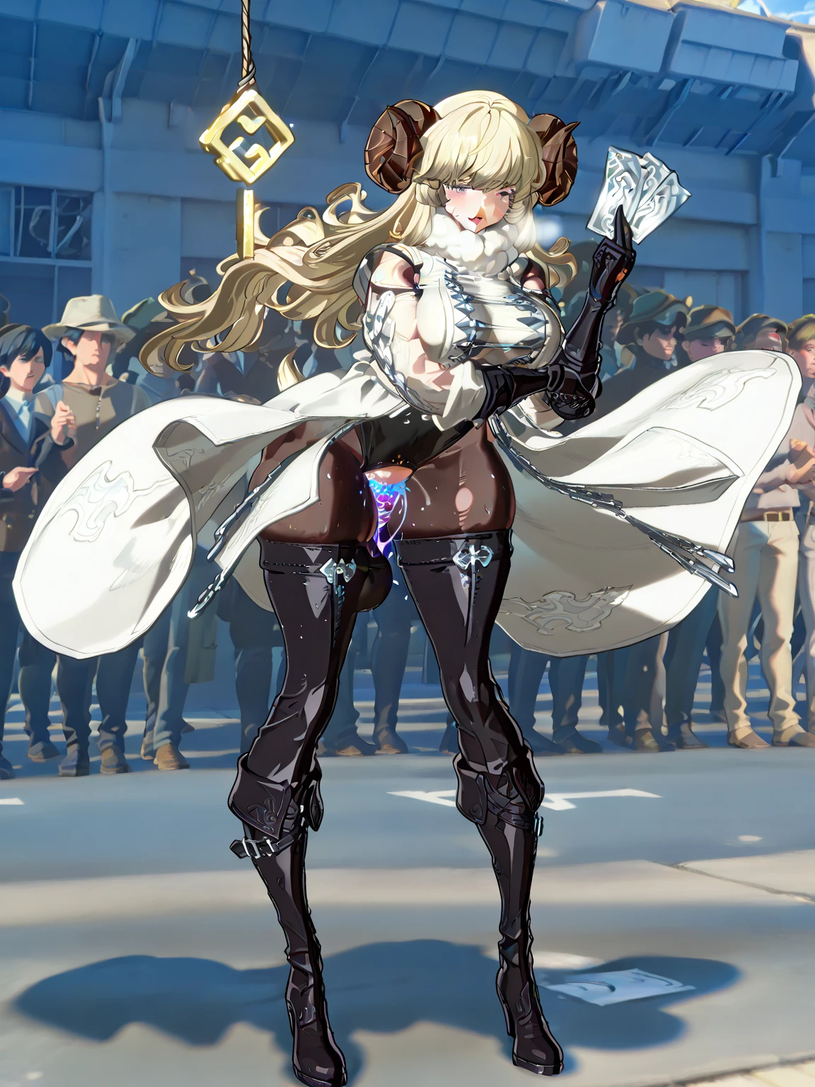 Inspired by Navia from Genshin Impact, imagine a beautiful full-bodied girl, with long curly blonde hair, medium breasts, one breast out, curvy body, squating on the ground, legs spread, showing her open pussy, female masturbation, open mouth, tongue out, excessive female pubic hair, moaning, nfsw