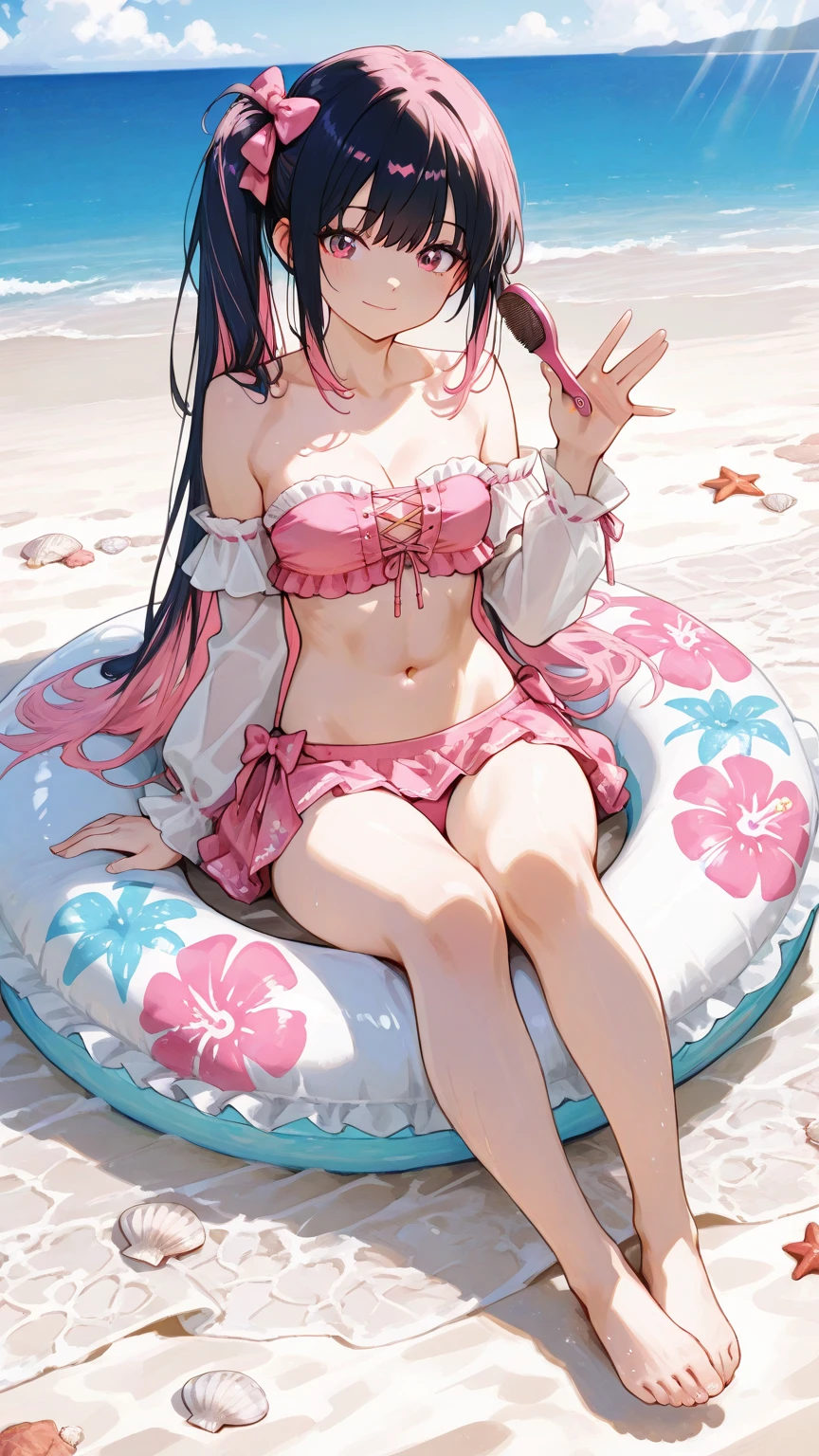A black-haired girl wearing a pink frilly swimsuit is licking a banana in her mouth