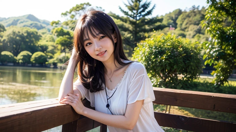 cute, アイドルのようにcute16歳少女、Smiling Kindly、((She is short, 150cm tall.))、(Medium sized breasts)、((White transparent blouse))、Cleavage、Forest Park、Natural light、RAW Photos、Genuine、live-action、realism、masterpiece、RAW Photos、High resolution