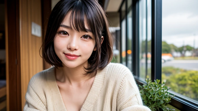 (8k, best quality, masterpiece:1.2), (realistic, photo-realistic:1.37) highres, super detail, ultra-detailed, 1 girl asian, cute, cute face, solo, short hair 1.2, textured skin, beautiful smile, beautiful detailed sky, detailed cafe, night, cinematic lighting, depth of field, lens flare
light, sitting, dating, (nose blush), (smile:1.15), (closed mouth) small breasts, beautiful detailed eyes, (sweater:1.1), night, wet, business attire, rain, white lace, (short hair:1.2), floating hair NovaFrogStyle,