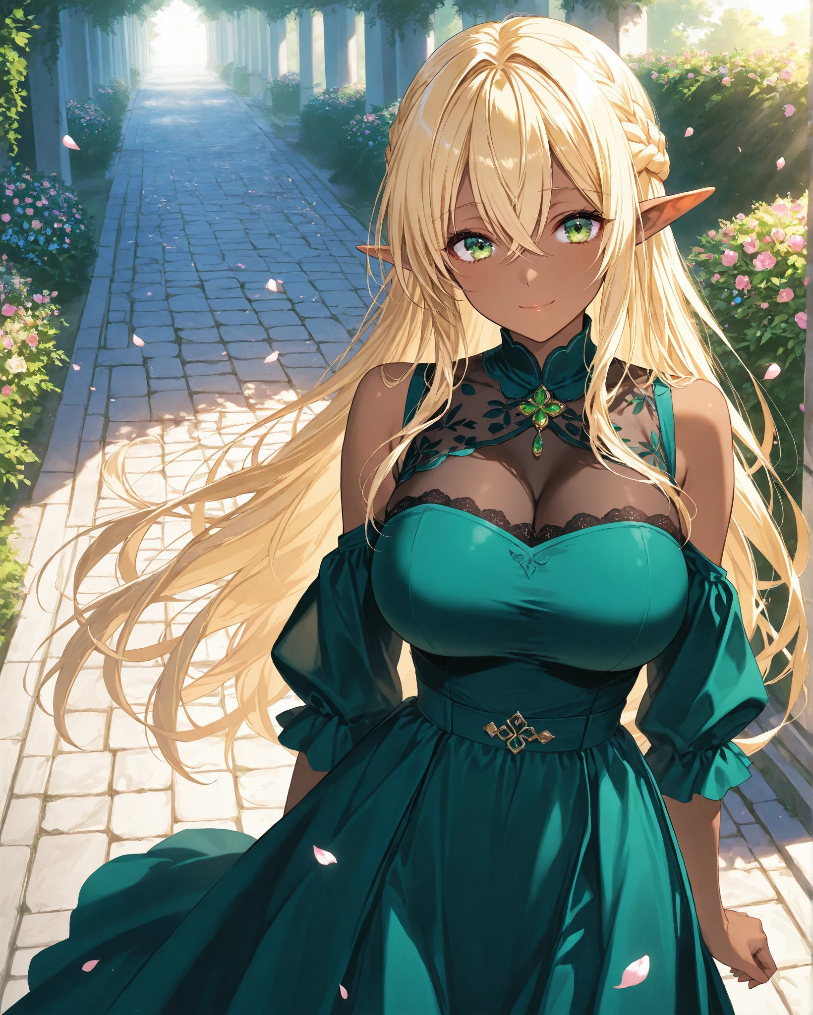 
masterpiece, best quality, good quality, Fantasy Aesthetic, Highly detailed, shadowverse style, female, elf, green eyes, big , milf, golden hair, elven aesthethic