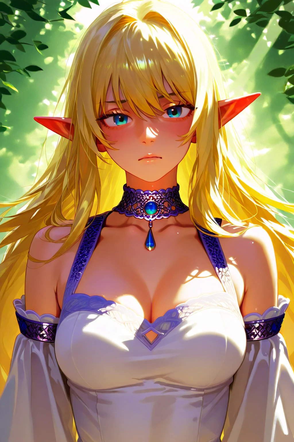 1girl,(adult,woman:1.6), Bare shoulders, Blonde hair, Blush, Breasts, circle of the crone, cleavage, Closed mouth, dress, elf, Green eyes, head wreath, Huge breasts, laurel crown, Long hair, view the viewer, O-ring, O-ring top, Pointy ears, Simple background, Solo, Upper body, detailed fantasy background, White dress,celestine lucullus,Realistis,(Shiny skin),(Masterpiece:1.4),(Best quality:1.4),zelda sultry look, seductive,
