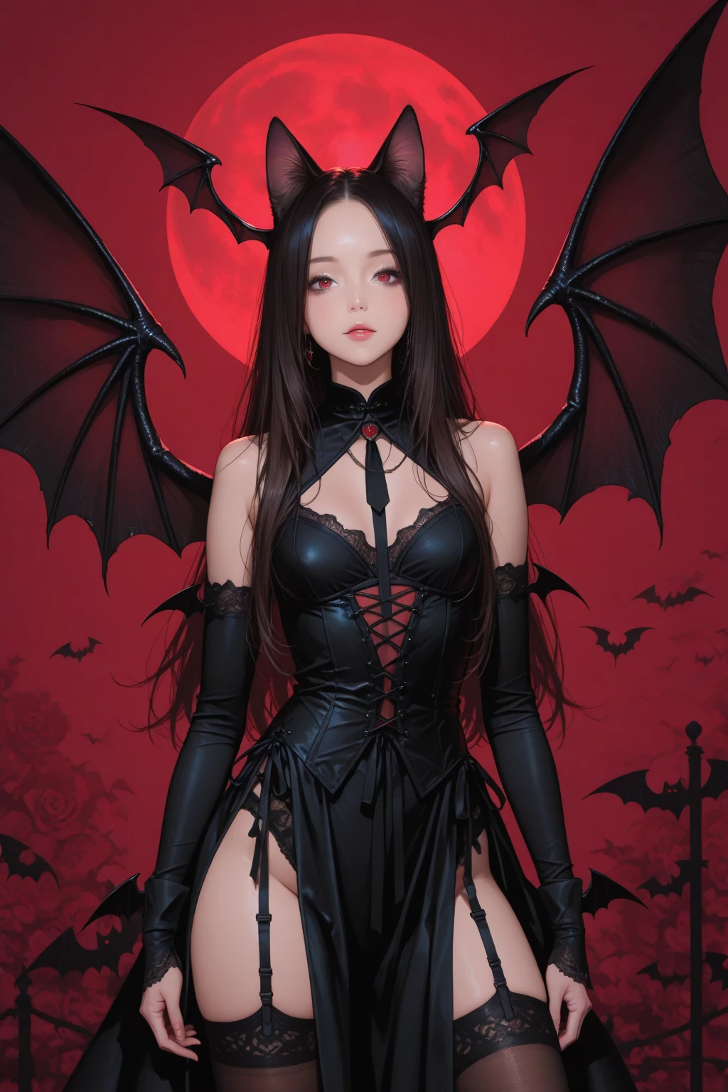 Girl,(succubus),wings,horn,seductive.long eyelashes,black hair,chocker,red eye,Casual clothing,long nails,(full body)