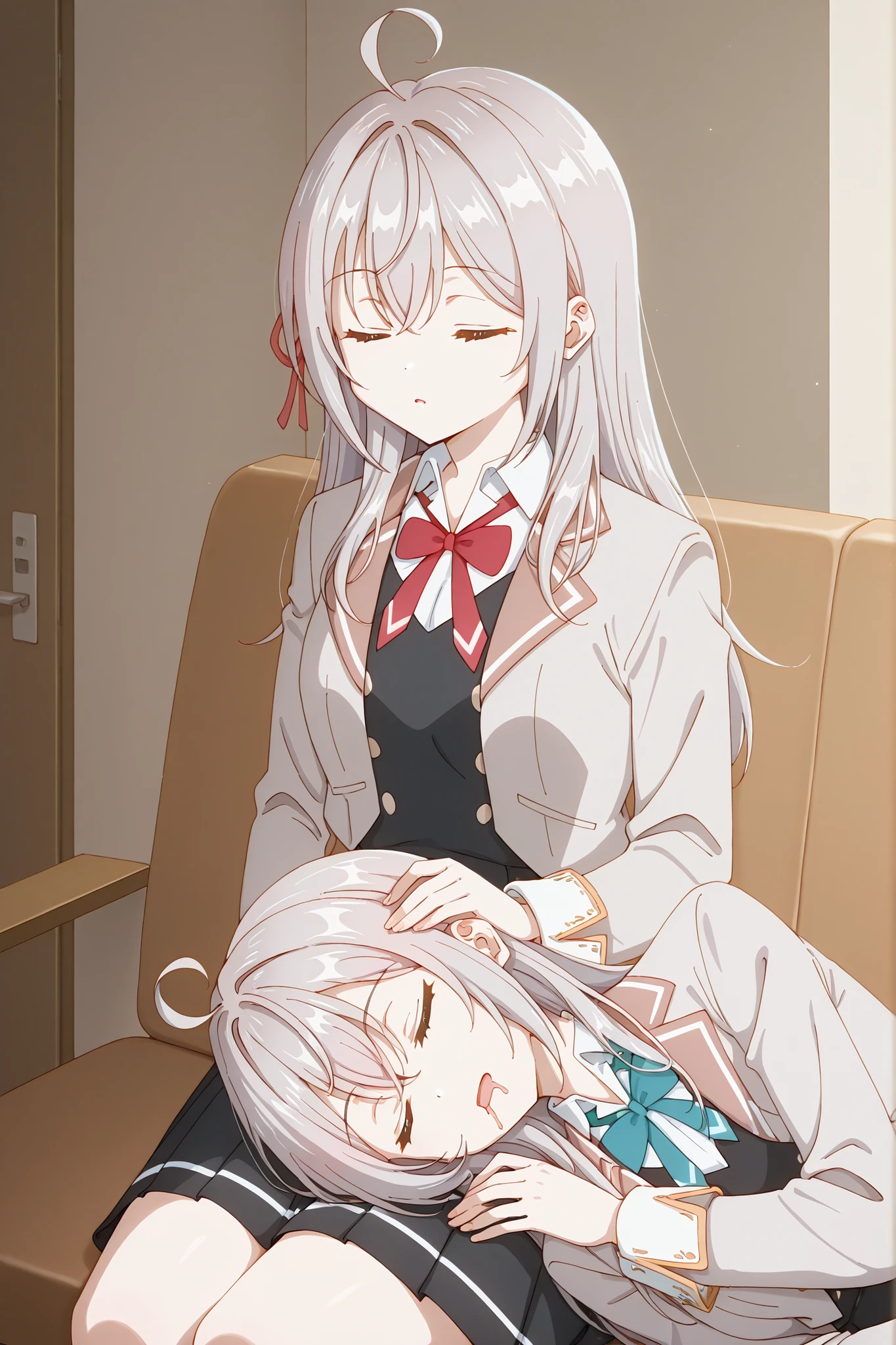 score_9, score_7_up, 2girls, lap pillow, lying, sitting, Alisa Mikhailovna Kujou (Alya Sometimes Hides Her Feelings in Russian), Maria Mikhailovna Kujou (Alya Sometimes Hides Her Feelings in Russian), sleeping, drooling, drooling from mouth