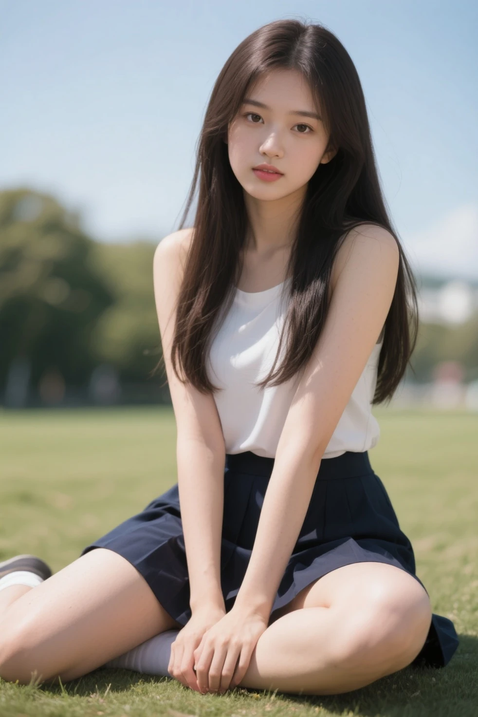 1 Female,((One girl)),((16 years:1)), cowboy_shot,(from_front:1.5),Eye of the worm,squat,自分のfeetを抱きしめる, On the grass,10 generations, Very young,純真なbeautiful少女たち, Idol's face, Delicate girl:1,feet,knees,(elegant_Sandals:1),(Tunic blouse:1.0), (Ruffled tops:1.0), (trainer:1),(cardigan:1),Sleeves are longer than the wrist, overly too long sleeves, (denim_skirt:1.3),at the park,(knees_Away:0.8),(white_elegant_pantiess are visible:1.3),(seamless_pantiess:1.3), (Camel Toe:1), (race_embroidery_panties:0.8),,(panties丸見え:1.5) ,masterpiece, Highest quality, 8K,(beautiful_skin:1),Detailed face,Smooth bristles, Glowing black eyes,Sparkling eyes,Childish,RAW Photos, Professional Lighting, Film Grain, chromatic aberration,Expressionless, (Small eyes and face:1.0), (Bokeh:1.1),School Bags