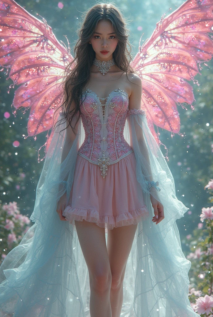 (medium full shot) of (enchanting fairy) young woman, korean, dark brown eyes, pale skin, curvy, wearing a __cf-fairy/dress__, crystal-embellished slippers, ruby red braided hair with tiny blossoms, sparkling fairy wings, sparkling eyeshadow,delicate fairy wings necklace, surprised, open mouth, pointing her finger at the viewer, set in a mystical garden, where fountains of sparkling water create a soothing symphony, and every corner holds a new surprise , Masterpiece,best quality, photorealistic, amazing quality, very aesthetic, extremely detailed face,