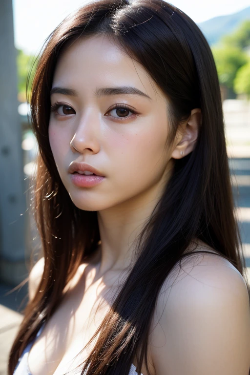 8k, Highest quality, masterpiece, Ultra-high resolution, (Realistic:1.4), RAW Photos, (Film Grain:1.3), one person's, Portrait of a thin Japanese woman, 30 years old, Stand on the beach, Cute Face, Detailed face, Detailed eyes, {short|length} hair, correct body anatomy, Wearing a swimsuit, Photo engraving