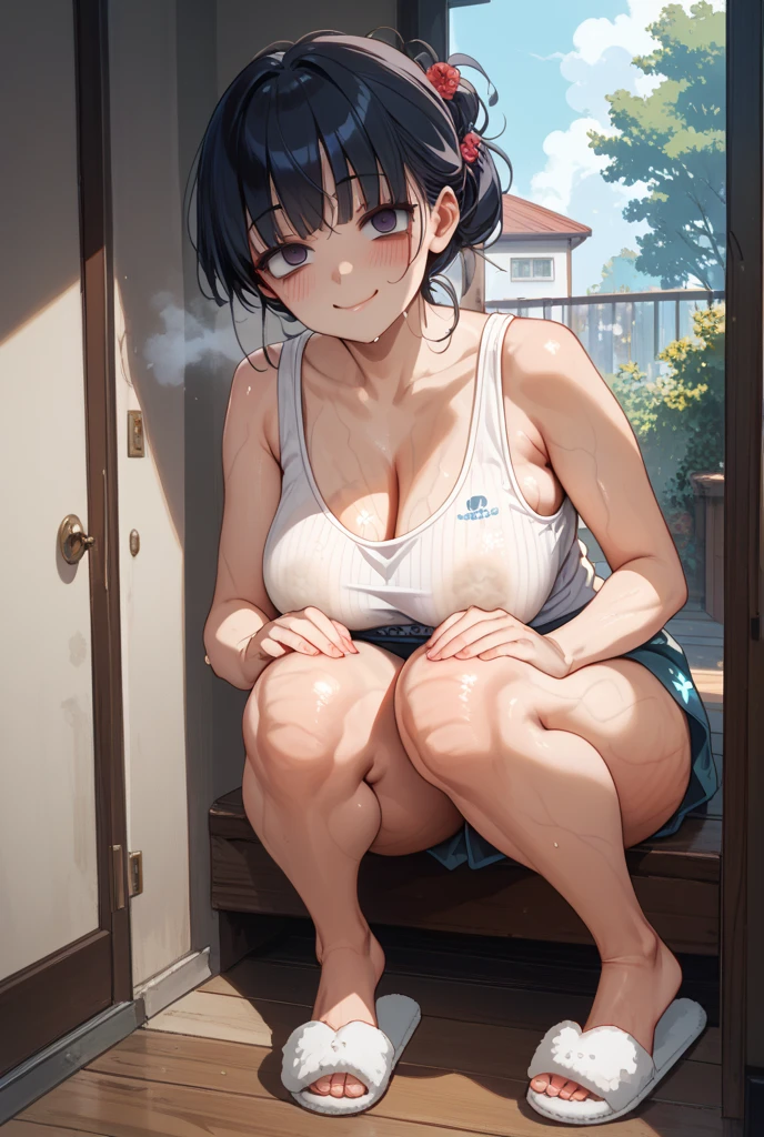 solo,1 mature maid,wet cameltoe，from below,sweating body，bare hips，(legs apart),(public hair), naked white apron ,((Dark skin)),trending on artstationh, Intricate details, Highly detailed,, intricate face details,Curvy physique, Thick body,((Masturbation))，at the kitchen，vibrant, 4K, Intricate details, big breasts enchanting, Professional manufacturing,  12k resolution,(Seductive smile),Black hair