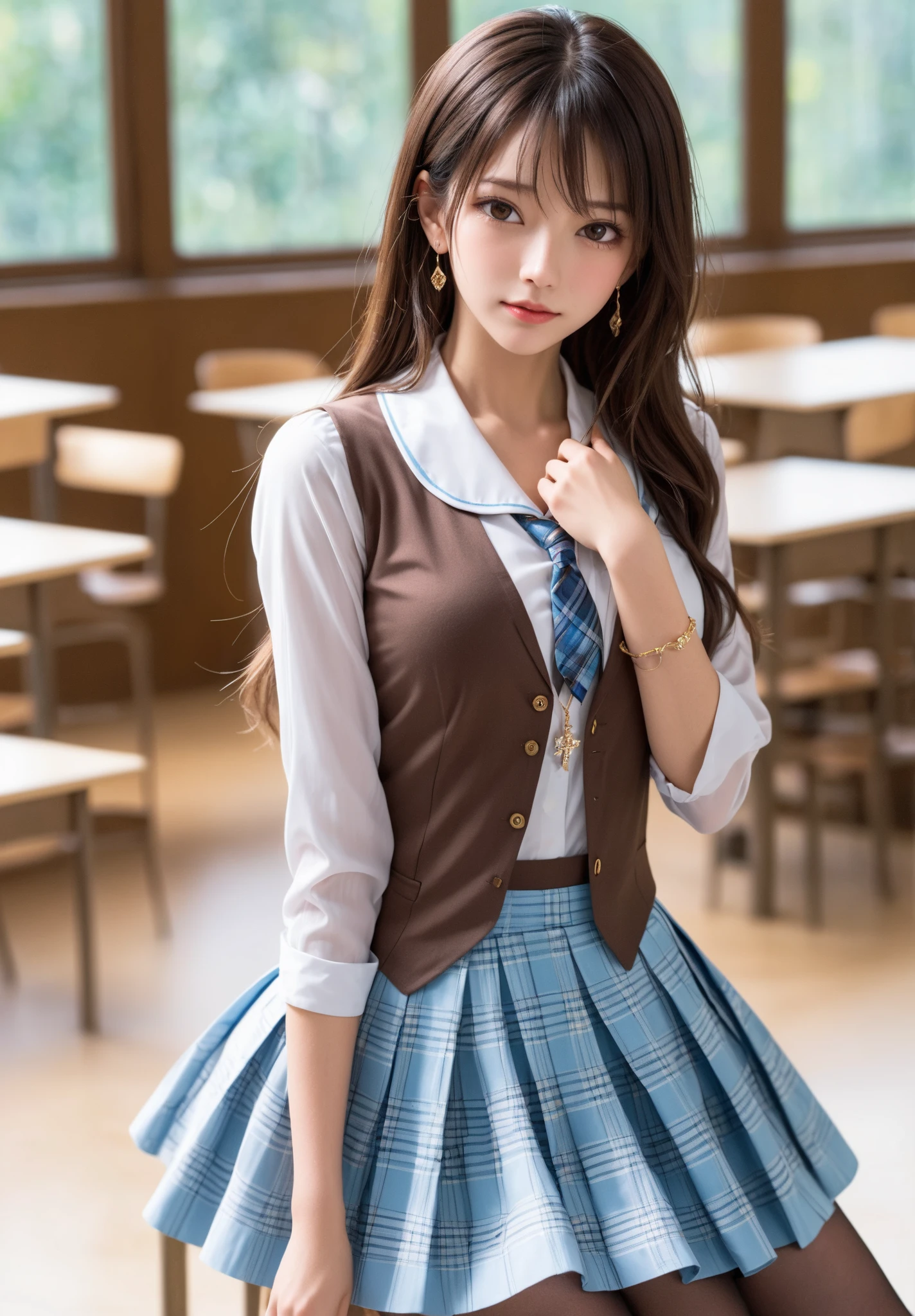 (highest quality、masterpiece:1.2)、highest quality、realistic、photograph、High resolution、1080p、8K、Pale, rough skin、The face is especially pale., physical rendering、((Height: 148cm)), one Japanese girl、Japanese junior high school student sitting on a luxurious pink bed、cute japanese girl, 14 years old, , (((big very detailed beautiful dark brown eyes))), ((blue girly large wine-red glossy polyester Japanese school ribbon bow tie)), ((((very beautiful black long braids hair)))), ((((deep blue colored tartan checkered formal long pleated pleated skirt)))), ((Shiny beige blouse)), (((Looking at the viewers with loving eyes, smiling))), Very fun, ((((Very happy)))), mouth is open, The big skirt is very cute, detailed fingers, modest chest, ((curled bangs)), so beautiful, long eyelashes, ((Very big and very very very cute eyes of a Japanese girl)), ((large pupils)), double eyelids, The entire skirt is photographed, Very cute face, thin eyebrows, ((drooping eyes)), ((long eyelashes)), maximum smile, ((The pure white light hits her face from the front, making her skin and eyes shine beautifully.)), (((((A clean and intelligent appearance))))), shot from the side