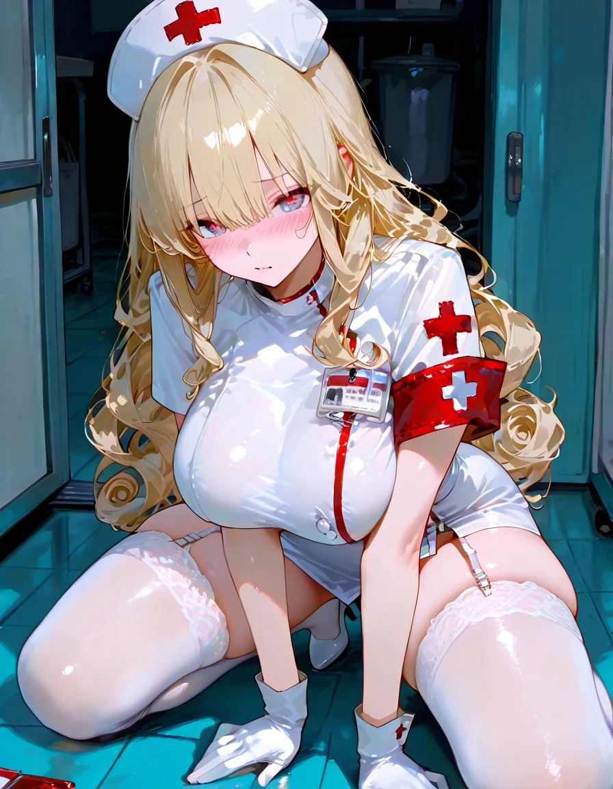 1girl in, (Solo:1.2), (Beautiful and detailed eyes description), (beautiful and detailed face), Perfect female body, neat figure, Slender waist, (Young Girl), (20 years old), Long hair, Platinum Blonde Hair, Two-side-up,Very big eyes, Blue eyes, medium breasts, blush, Shy, watery lips, Nurse, (nurse dress), Nurse Cap, Unbuttoned,Stunning lace and white underwear, (White Gloves:1.2), (White pantyhose), high-heels, a necklace, Hospital bed, White curtains, Sunlight, hand between legs, Straddle the camera, Squatting, (Best Quality), (ultra-detailliert), (masuter piece), (hight resolution), (Original), (the Extremely Detailed CG Unity 8K Wallpapers), Character Design, Game CG, Detailed Manga Illustration