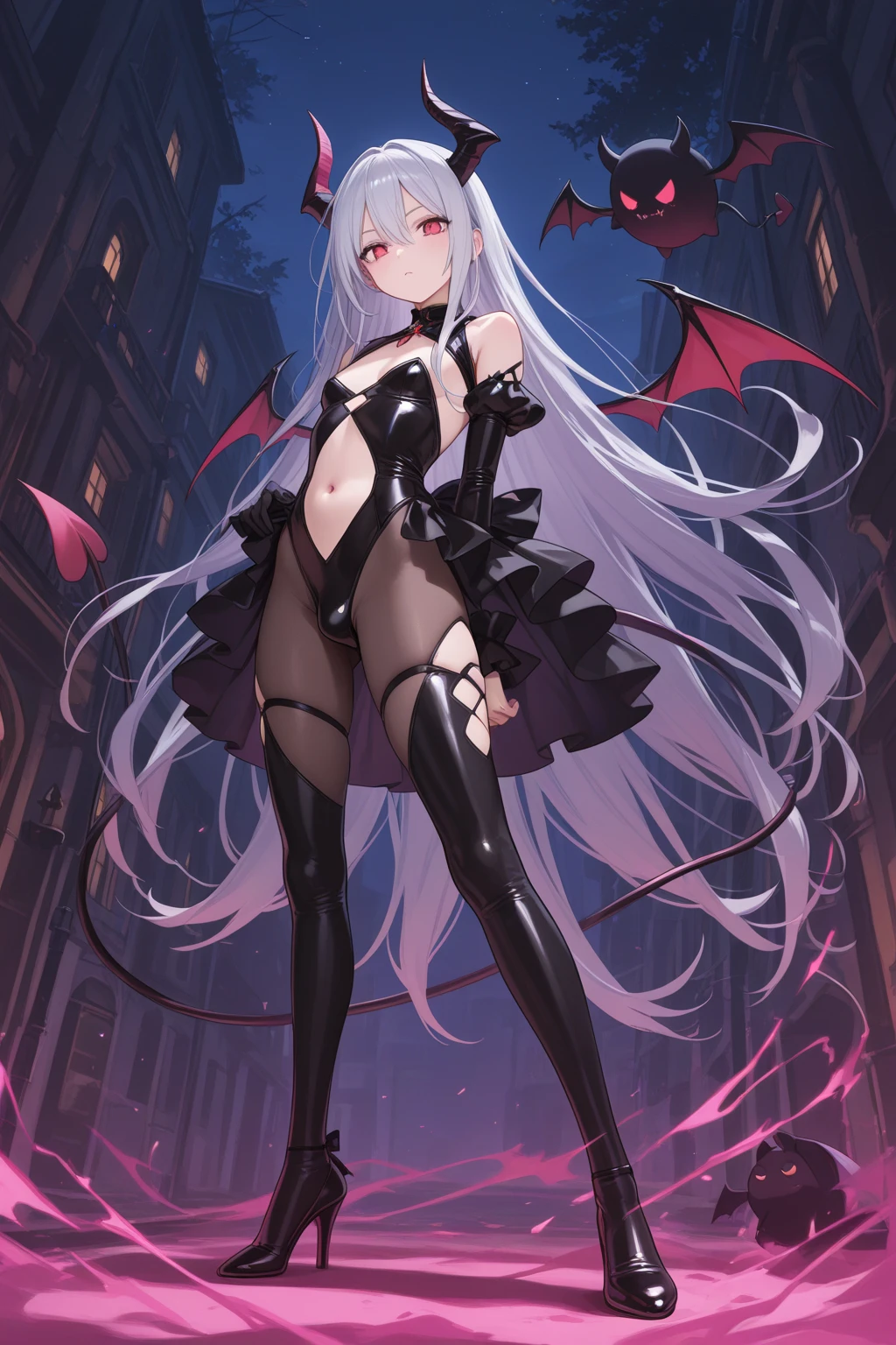 Succubus, red pupils, cute, white hair, curly hair, long hair, sitting on the ground, gothic style, barefoot, demon wings, big white legs, open legs, exposed inner thighs, no panties, female genitalia exposed, sunset, city, dusk, panoramic lens (wide angle lens), dark, real, HD, less clothes --auto --s2