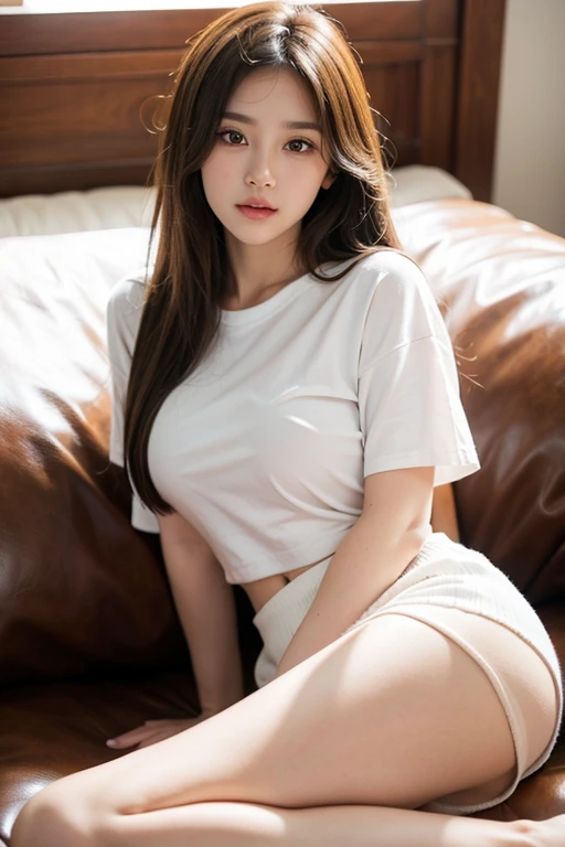 a 19 year old woman, she is the most beautiful actress in the world, the perfect proportions of her body, tight t- shirt is worn on her upper body, her genitalia of her lower body are naked, the inside her opened labia between her opened legs is seeable, her clitoris is seeable, her detailed genitals, her pubic hair, she is sitting on a sofa of the living room, her anus is under her vagina, nsfw, best quality, highly detailed, masterpiece, ultra high res, photo realistic, 8k