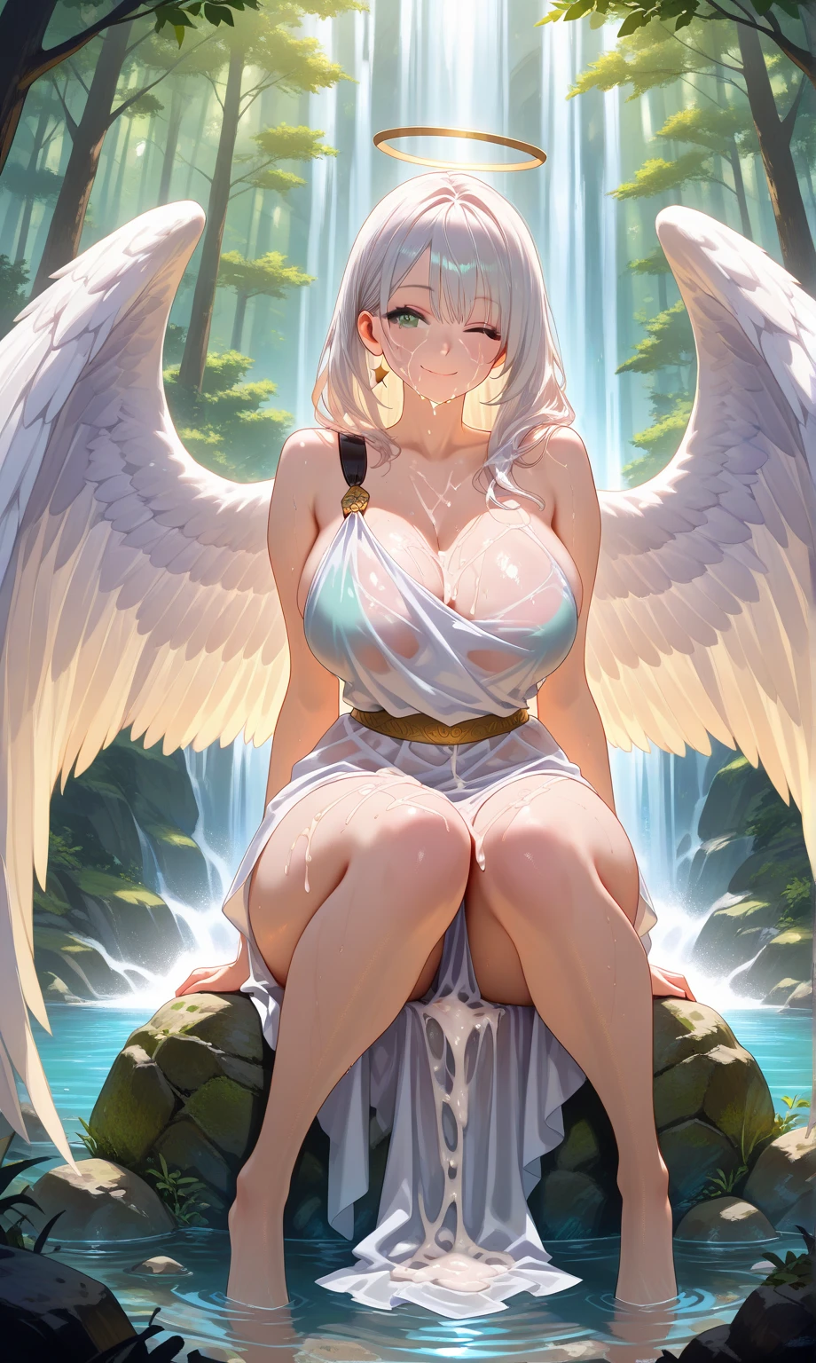 ((From before、True Face、Shot from a little below、Light up from below))、Beautiful and cute gal、(((Shortcuts、background is waterfall、Angel Halo、The areola is showing through)))、highest quality、ウルトラ - High resolution、High resolution、Highly detailed CG、8k unit wallpaper、27 years old、(((A detailed and beautiful face、Detailed and beautiful eyes,Very large breasts、Platinum Blonde Hair、contrast)))、((((((( Brown Skin:2、Dark Skin:2 , Cleavage ,Moist eyes)))))))、(Black glossy body:1.8),((Sunburn mark))、((((((loose socks、Sweat、White cloth and white loincloth、Thin cloth、Fluttering in the wind、High heels、Knees wide open to the outside、touch hair))))))