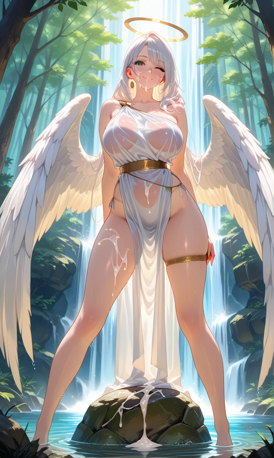 ((Angle from below:1.4、Illuminated from the front))、Beautiful and cute girl、(((Shortcuts、In the background there is a waterfall and mossy ruins....、Angel Halo、areola is)))、highest quality、ウルトラ - High resolution、High resolution、Extremely detailed CG、8k unit wallpaper、27 years old、(((Detailed and beautiful features、Beautiful and beautiful eyes,Very large breasts、Platinum Blonde Hair)))、((((((( Dark Skin:2 , Cleavage ,Watery eye)))))))、(Black glossy body:1.8),((Sunburn mark))、((((((loose socks、Sweat、A tattered white bandage was wrapped around his chest...、A tattered white loincloth、Thin fabric、Fluttering in the wind、High heels、Sit with your knees wide open outward、Touching your hair、Shiny thick bracelet、Pee))))))、Tight clothing