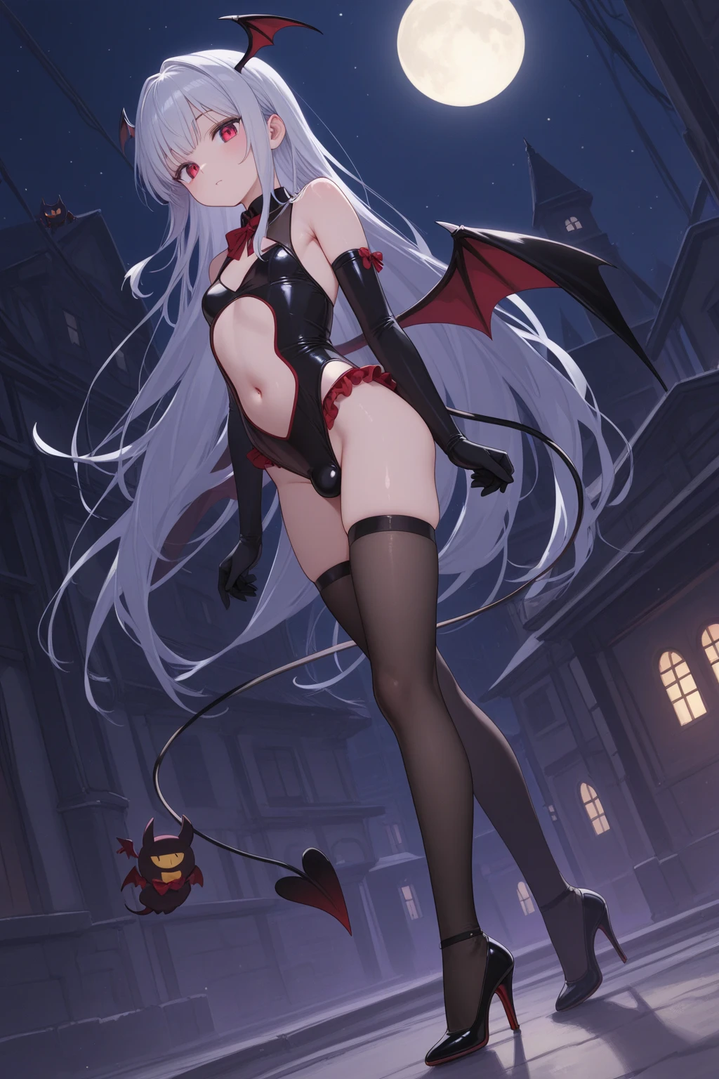 (masterpiece),(best quality),very aesthetic,(ultra-detailed),(illustration),(degenerate),nsfw,1girl,16yo,slender,long hair,white hair,straight hair,disheveled hair,red alluring eyes,one eye glaring,condescending look,open mouth,smirk,fangs,An elegant and sophisticated outfit perfect for a party, featuring a dark red highleg leotard with lace accents sleeves,Bat-patterned tights,ecstasy,happy,inroom,standing,standing on one leg,bent over,head tilt,crossed arms,daytime,Lascivious atmosphere,fantastic atmosphere,Dimly lit room like a dungeon,Old furnishings,dusty room,cowboy shot,looking at viewer, vampire, strawberry juice glass, dark fantasy, bat,bat's wings,from below,POV