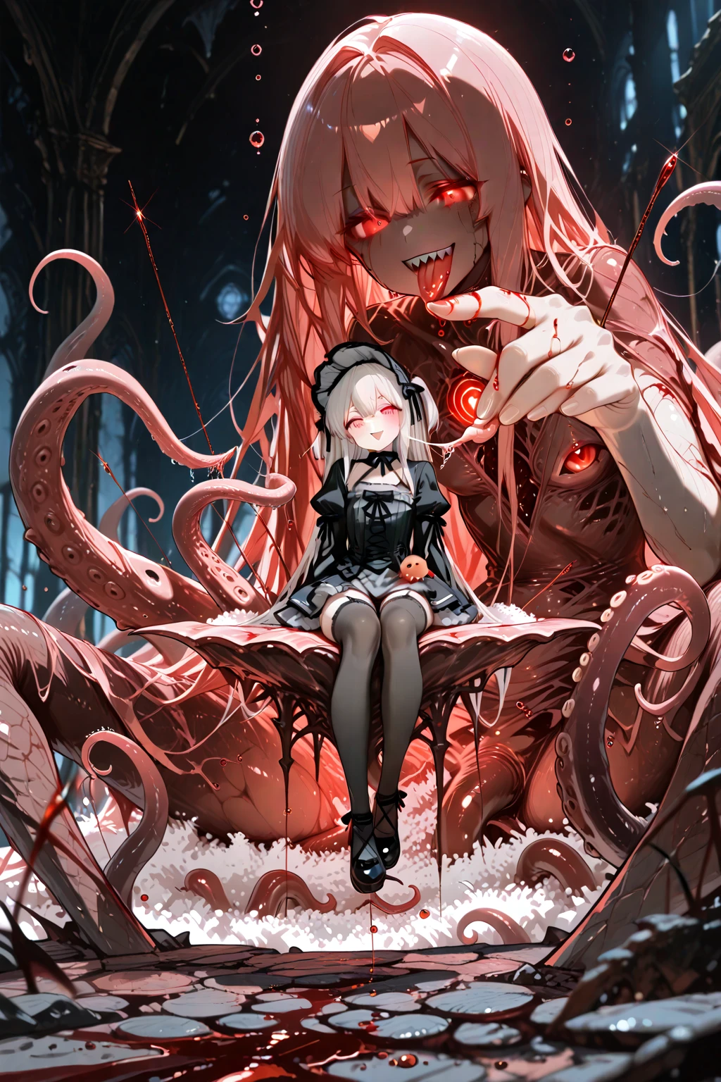 BREAK Perfect Anatomy、(High resolution:1.2)、Incredible illustrations、(Cute illustrations:1.2)、（Beautiful background） Alice in Wonderland(facepalm,despair,tears),(a girl,  1.6meters, 40kg,bloody:1.5),Full body view (cthulhu)