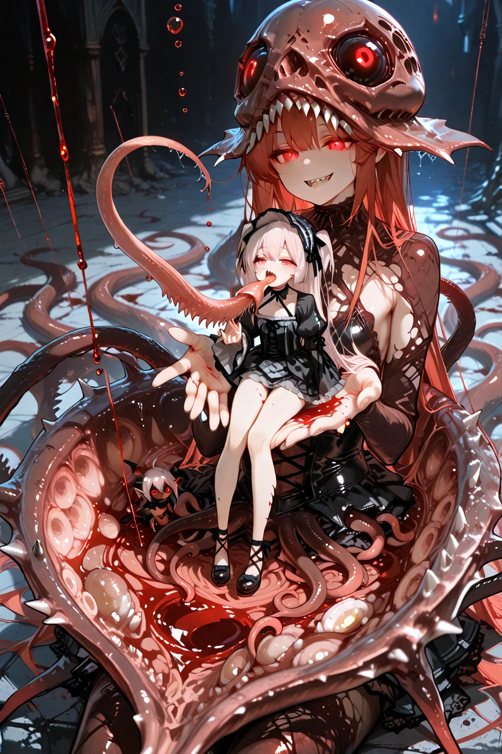 masterpiece, best quality, masterpiece,best quality,official art,extremely detailed CG unity 8k wallpaper, show foot, little girl, solo, kawaii, no_humans, medium hair, black hair, tentacle hair, saliva, blood on face, light blush, red eyes, blood from eyes, large breasts, hanging breasts, one breast out, seifuku, black pantyhose, uwabaki, tentacle, vore, bdsm, girl_on_top, sex, femdom, facesitting, pussy_juice, female_ejaculation, cum, zombie girl ,one girl one boy,Girl infects man,Man under girl,Zombie girl,Blood on the face,Zombie girl感染人类,Zombie Lori,White knee socks