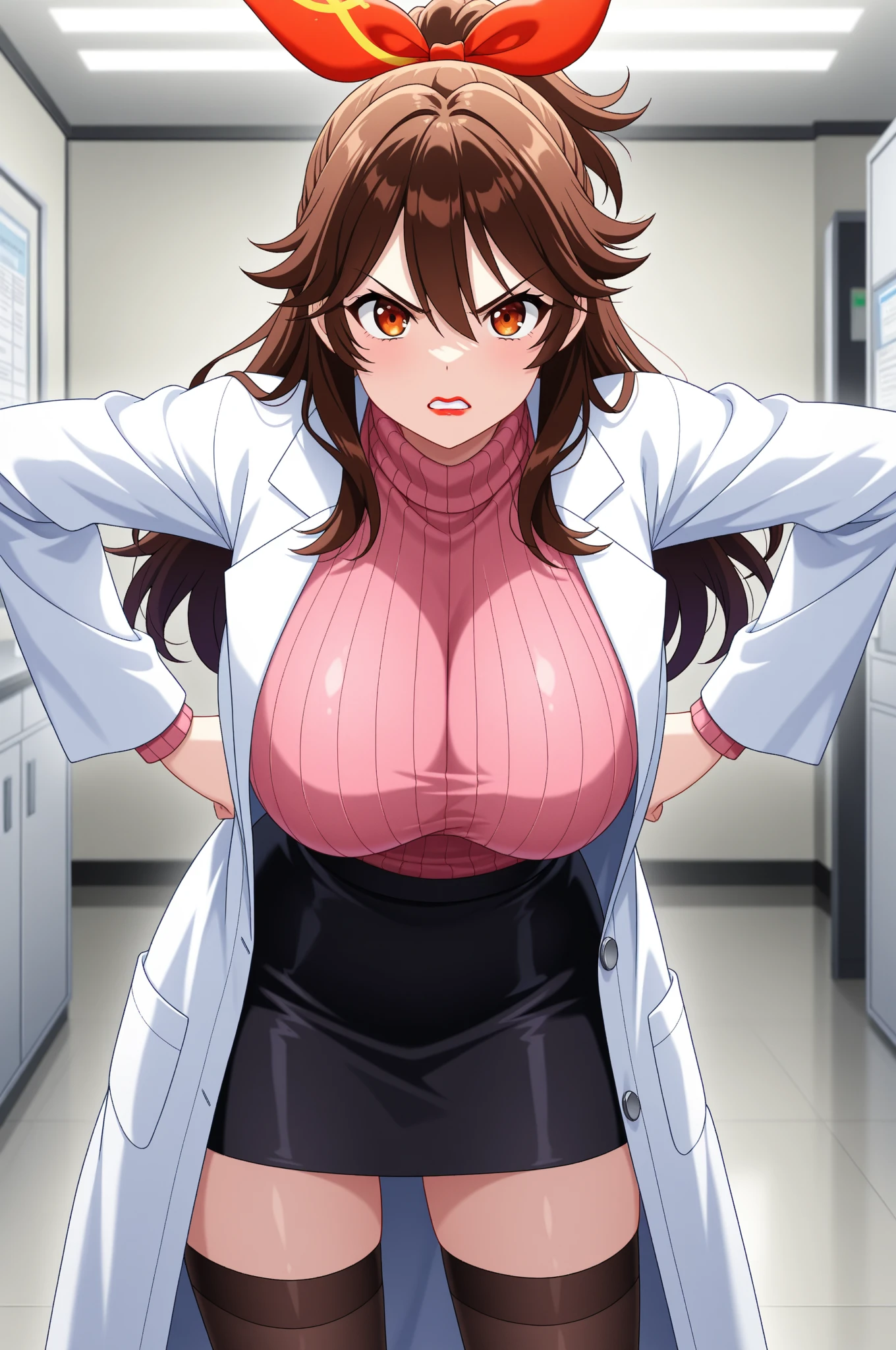 Highest quality、extremely detailed CG、One woman、27-year-old female、Huge breasts:1.3、sagging breast:1.3、White、white coat、white gown、Black inner shirt、Black inner shirtと白いコートを着てカメラに向かってポーズをとるアニメの女の子, (SFW) Safe at Work, breasts covered and SFW, (doctor), chic,Whiteを着て, Cel-shaded adult animation、Brown Hair、ponytail、Health Room、学校のHealth Room、health room