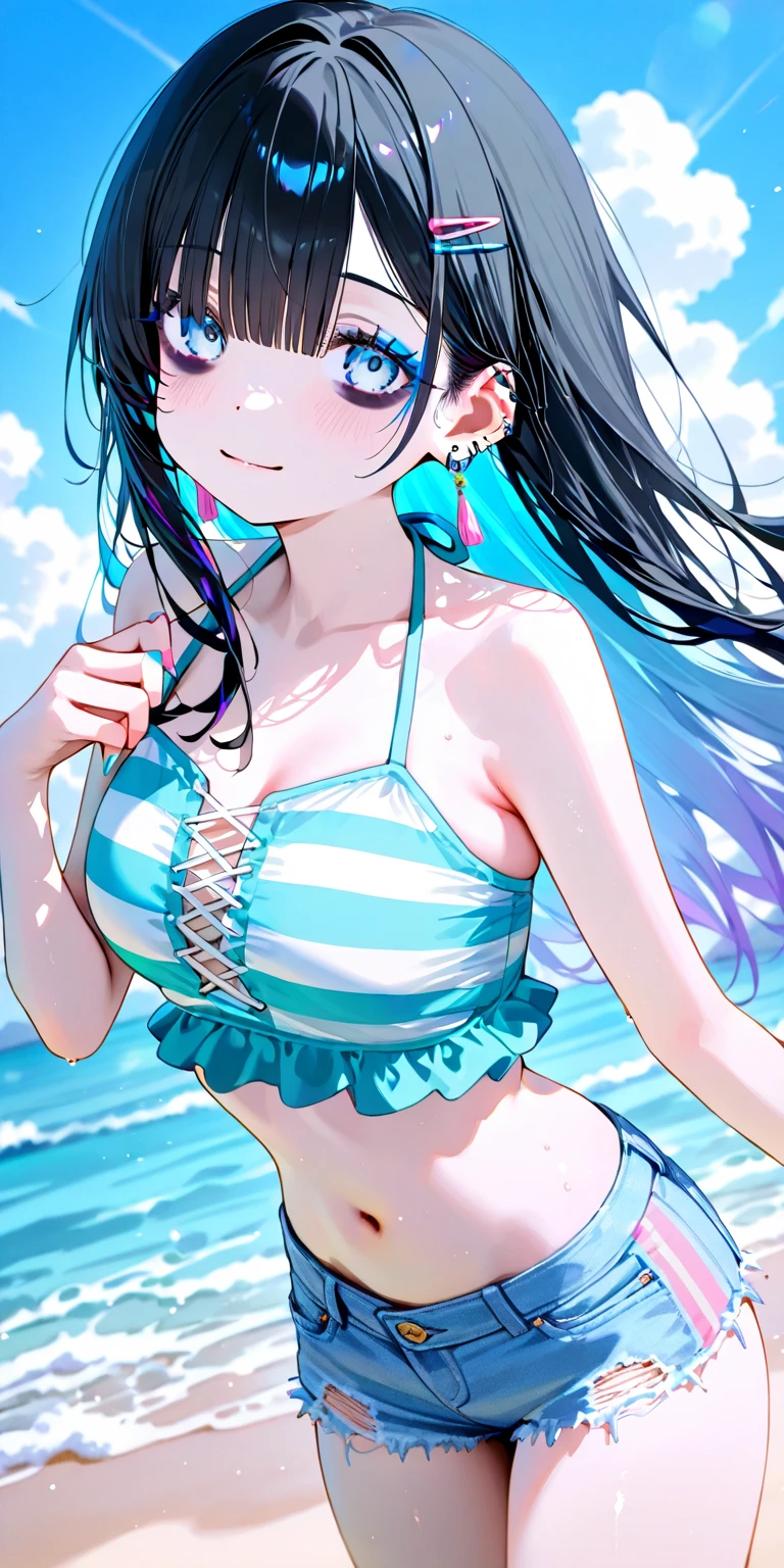 art by Cornflower, dreamy, (A beautiful, teenaged, anime-style girl with blue eyes and long, black hair, wearing a pale yellow, shiny, long-sleeved, open-chest, long skirt swimming suit with a pink, white, and yellow, heart on it is posing with her hands on her hips, in front of a beach and a bright, blue sky with clouds in it, there are palm trees in the background on both sides of the picture, and there are lots of blue and yellow fish swimming in the ocean, and there is a police helicopter with lights on it flying over the girl)