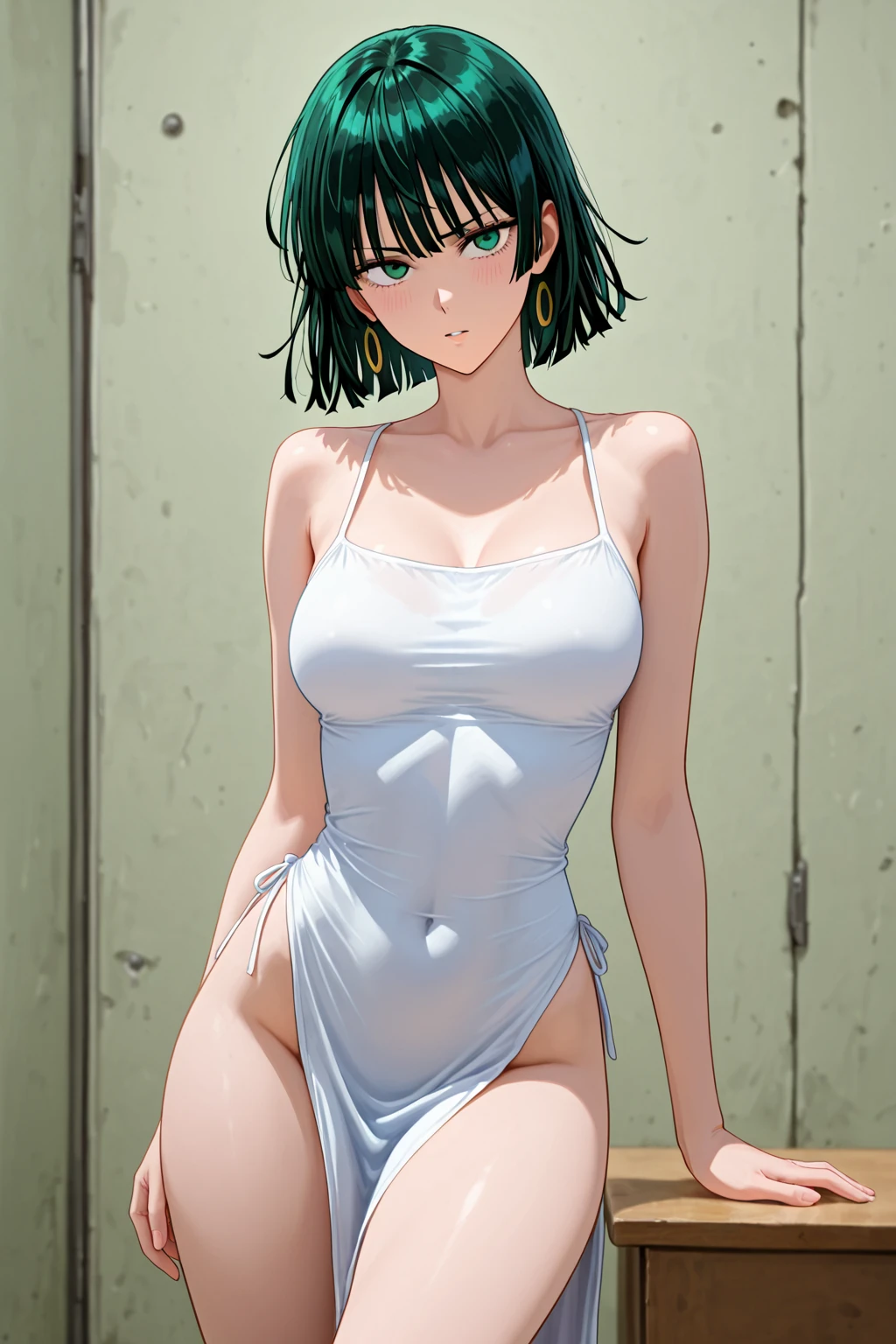 a sexy woman, (best quality), (masterpiece), (1girl), slim, anime, (flat chested), ((green panty)), (standing), (protrait), (naked legs), (front view),(showing breasts), tall