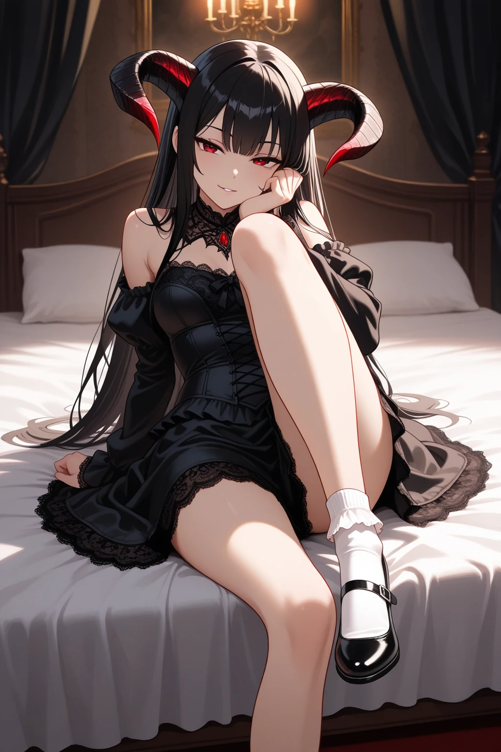 1girl, chibi proportions, chibi, cute, barefoot, pale skin, long hair, black hair, hair over one eye, red eye, intricate detail, masterpiece quality, ultra HD, 4K, best quality