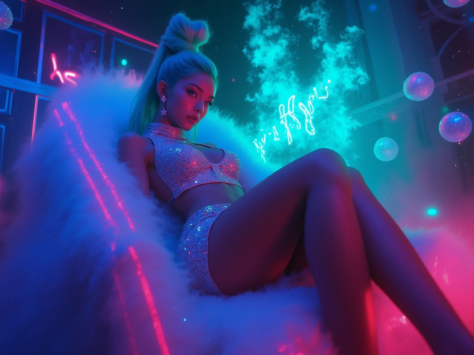 A scared preppie woman with gigantic tits and cleavage in a pink sweater and panties standing in her bedroom with a green vortex behind her. Sweaty skin. Bending over looking at the viewer. Girl has blonde pigtails