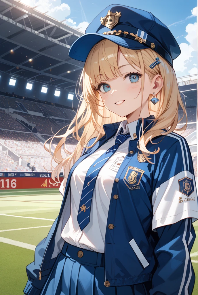 masterpiece, best quality, 8k, complete anatomy, Japanese female, blonde hair, (big breasts:1.4), high-school uniform, white short sleeve shirt, blue striped tie, navy plaid skirt, baseball cap, big smile, in the stadium