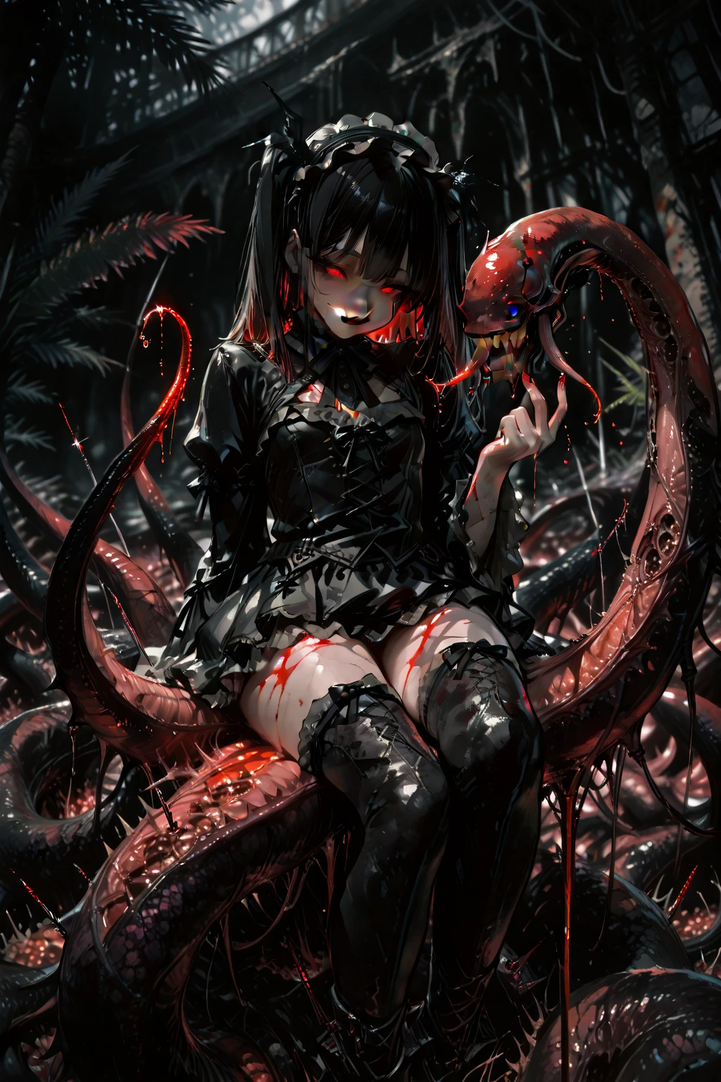 masterpiece, best quality, masterpiece,best quality,official art,extremely detailed CG unity 8k wallpaper, show foot, little girl, solo, kawaii, no_humans, medium hair, black hair, tentacle hair, saliva, blood on face, light blush, red eyes, blood from eyes, large breasts, hanging breasts, one breast out, seifuku, black pantyhose, uwabaki, tentacle, vore, bdsm, girl_on_top, sex, femdom, facesitting, pussy_juice, female_ejaculation, cum, zombie girl ,one girl one boy,Girl infects man,Man under girl,Zombie girl,Blood on the face,Zombie girl感染人类