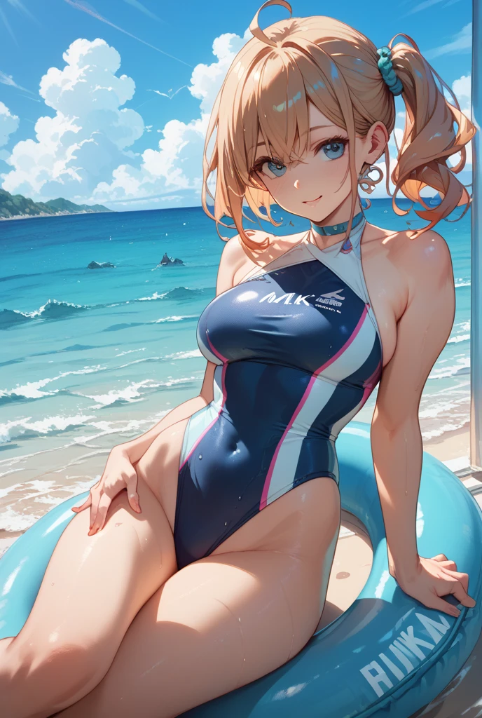School Swimsuit,,Blushing、Big Breasts、Pale blue eyes、Blonde、Semi-long hair、、、Head to toe full body、Blushing、Embarrassed look、Composition from the front、A view from slightly below、school swimwear、Acme Face、Random pose、, 、nsfw、Highest quality、1 girl、solo、Ocean、Sandy Beach、Sexy pose、Random pose、Blushing、Wet、Embarrassed、I can see half of my 、、One piece swimsuit、(Strap slip:1.3)、School Swimsuit