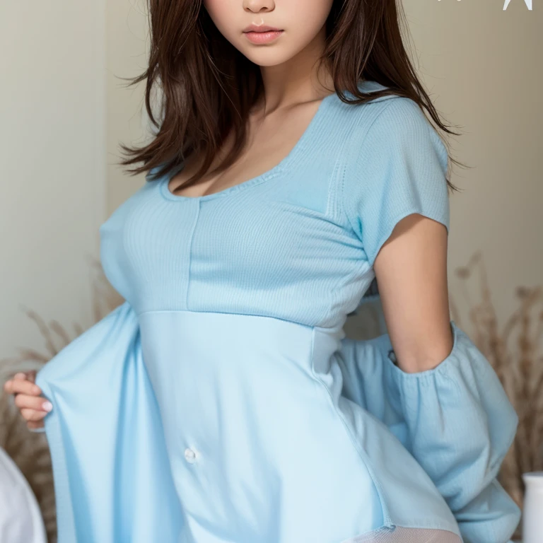 A beautiful girl with Mexican, Argentinian and British ethnicities, with freckles, unique and very beautiful blue eyes, and a mole next to her left eye, medium large breasts, sensual waist, dresses a pijama taking a selfie lying on her bed.