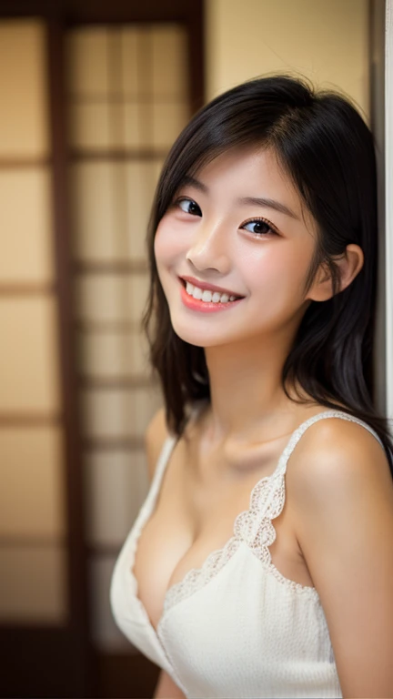 masterpiece,best quality,(Japanese ),((Beautiful girl)),cleavage,indoor,(perfect body beauty:1.2),(shy smile),beautiful teeth,