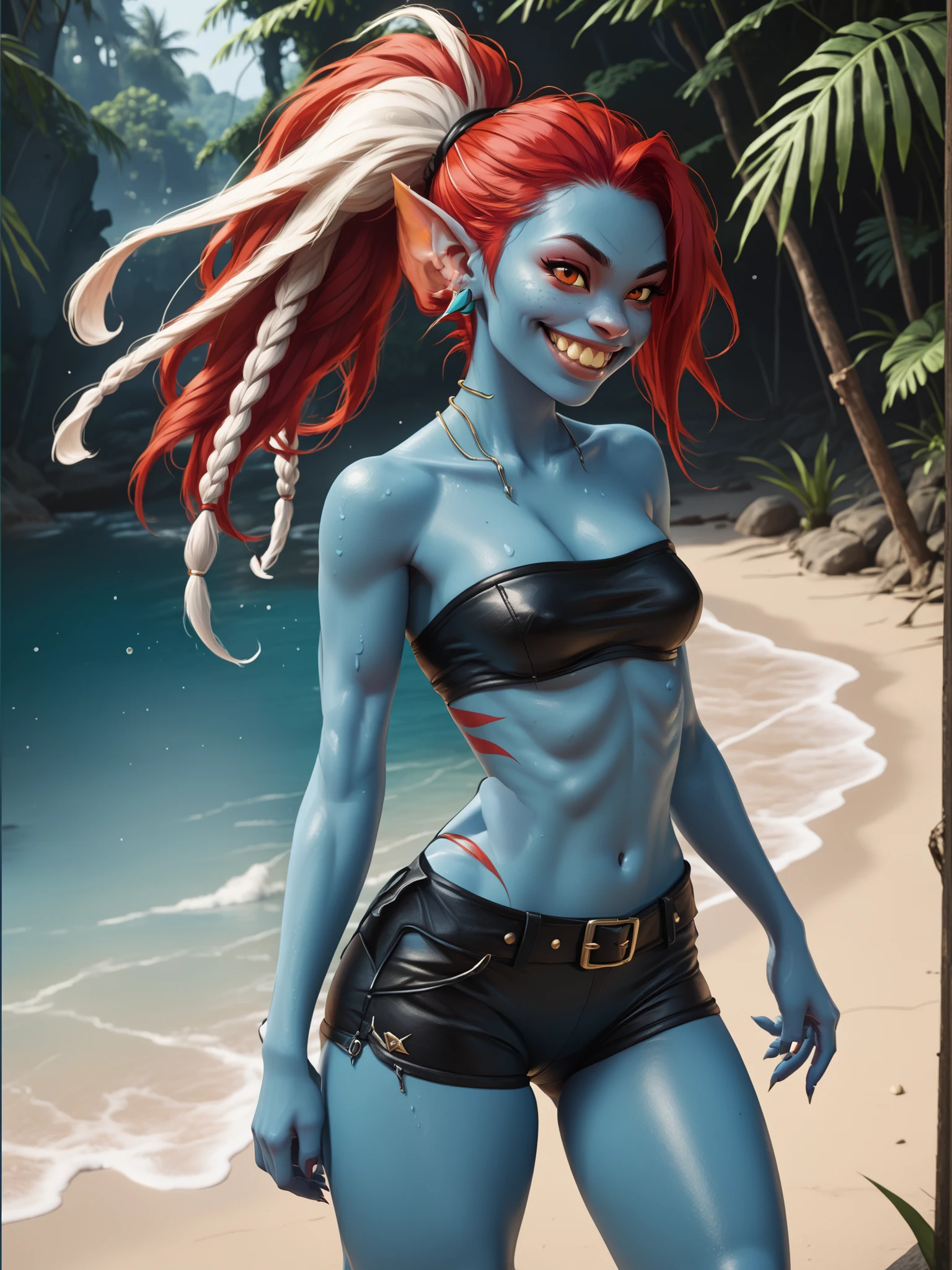 Slender and wet body. Blue skinned shark-girl. Cute 18-year-old Indonesian Undyne (from Undertale) with big Asian red eyes and unnaturally sharp teeth and dreadlocks (white and red hair) and red gills on her neck and sides. She has mermaid ears. She has red fin-ears like Undyne. A smile with sharp and pointy teeth. She has a cute and beautiful face. She has a round and young face with a pointy chin. Her toned body is athletic with abs with B-Cup. She wears a black leather hotpants and black leather bandeau. She has no eyepatch. Background: medieval jungle ruins. Realistic lighting. DnD art-style. fake box art, semi-realistic, Looking at the viewer. 