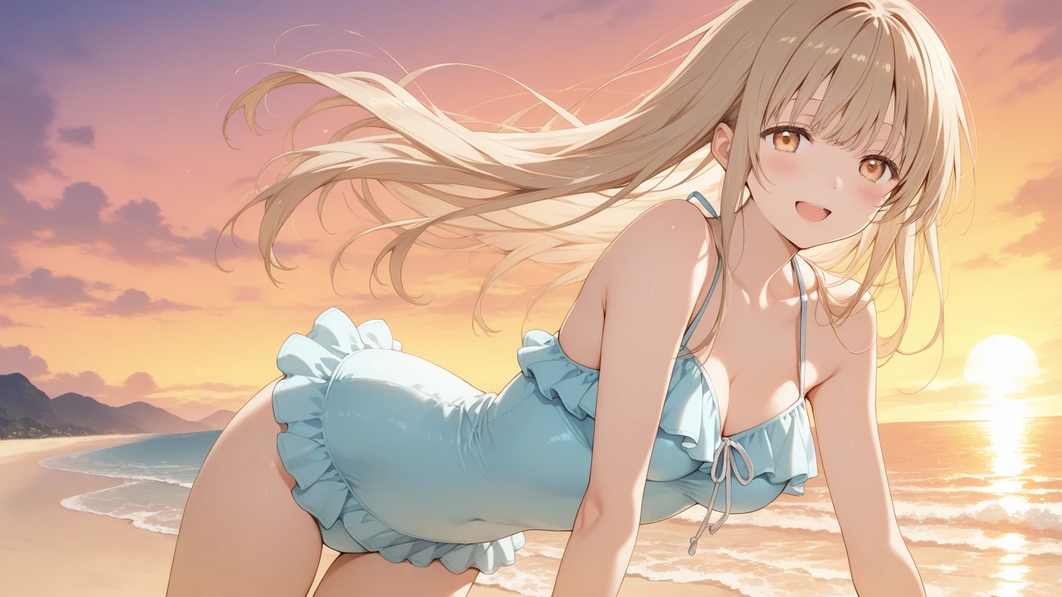 summer vacation, sandy beach, beach, girl in swimsuit, dusk, walking, waiting for love, sad love, pale love, memories,