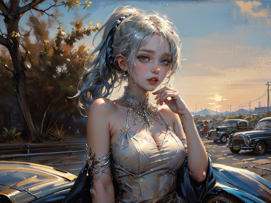 Scarlett johnsson, ((perfect female body)), ((White hair)), ((Crystal-Blueeyes)), in photo of the most beautiful artwork in the world, featuring a modern punk woman, leaning against a van on a California beach, trending on ArtStation, CGSociety, Intricate, High Detail, Sharp focus, dramatic, photorealistic painting art by greg Rutkowski, ((masterpiece)), (high quality), (best quality), (detailed), hd, perfect lighting, detailed face, detailed body, super detailed, 16K, Textured skin, ultra realistic, Oktan-Rendering, UHD, Unreal-Enigine 5, IG-Modell, extremely detailed.